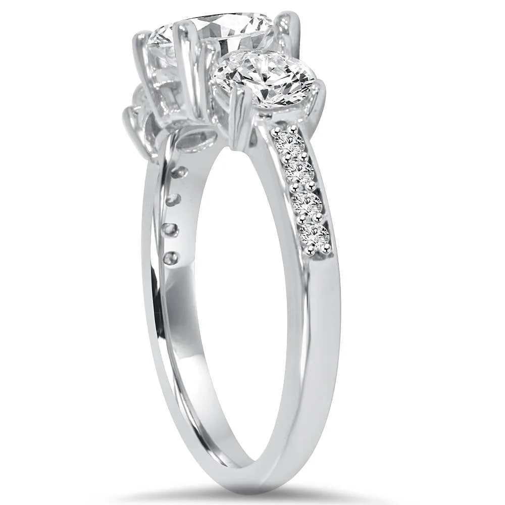 1 3/4ct Three Stone Round Diamond Engagement Ring 14K White Gold