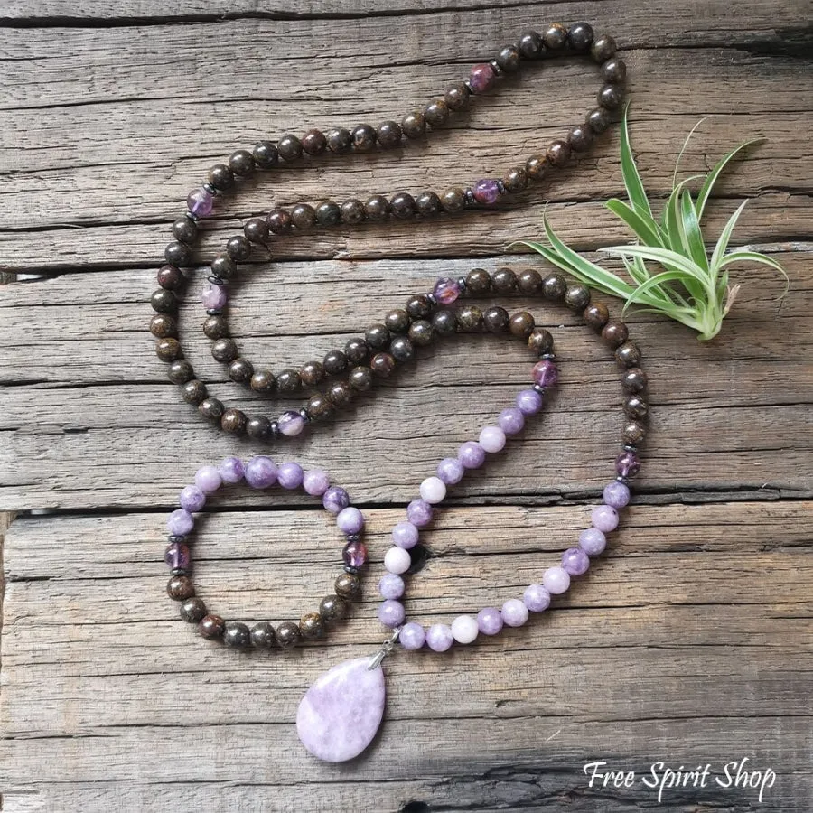 108 Natural Bronzite & Purple Lepidolite Mala Bead Necklace