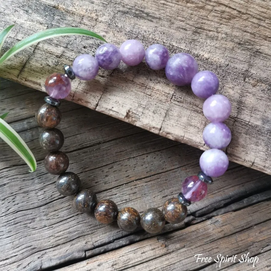 108 Natural Bronzite & Purple Lepidolite Mala Bead Necklace