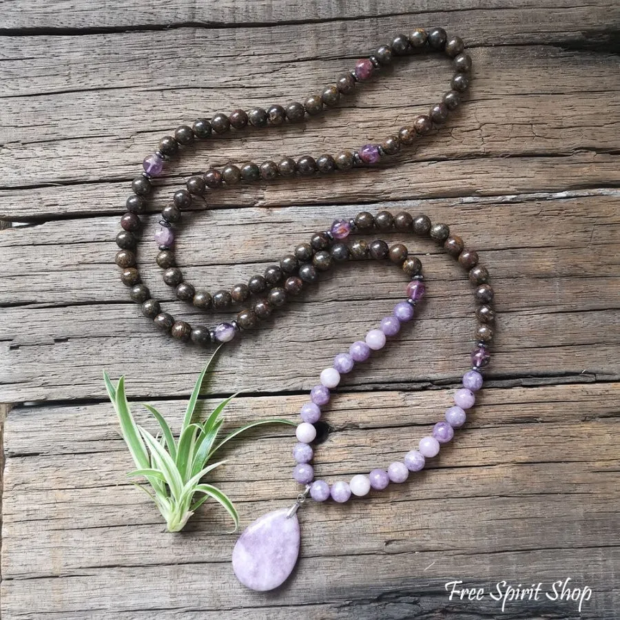 108 Natural Bronzite & Purple Lepidolite Mala Bead Necklace