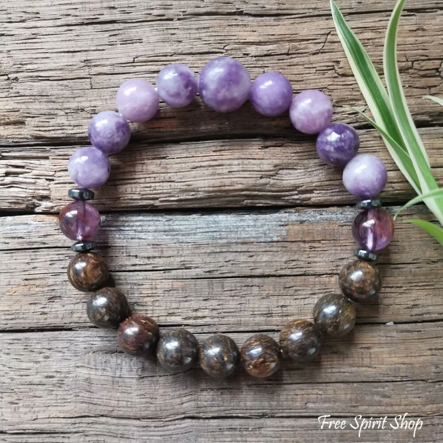 108 Natural Bronzite & Purple Lepidolite Mala Bead Necklace