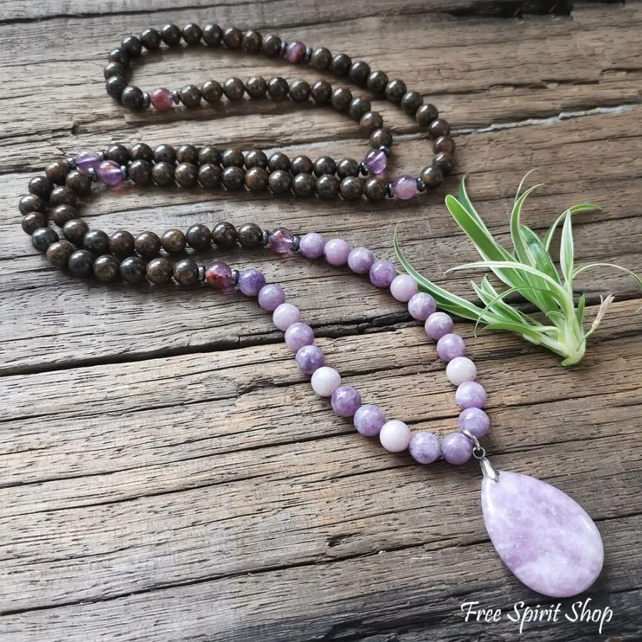 108 Natural Bronzite & Purple Lepidolite Mala Bead Necklace