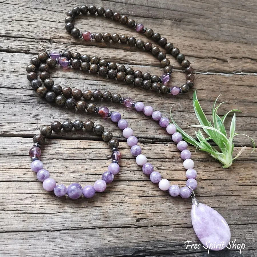 108 Natural Bronzite & Purple Lepidolite Mala Bead Necklace