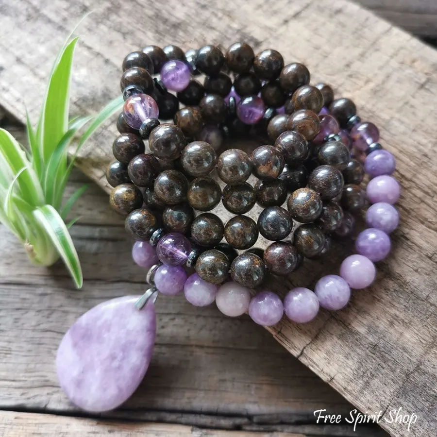 108 Natural Bronzite & Purple Lepidolite Mala Bead Necklace