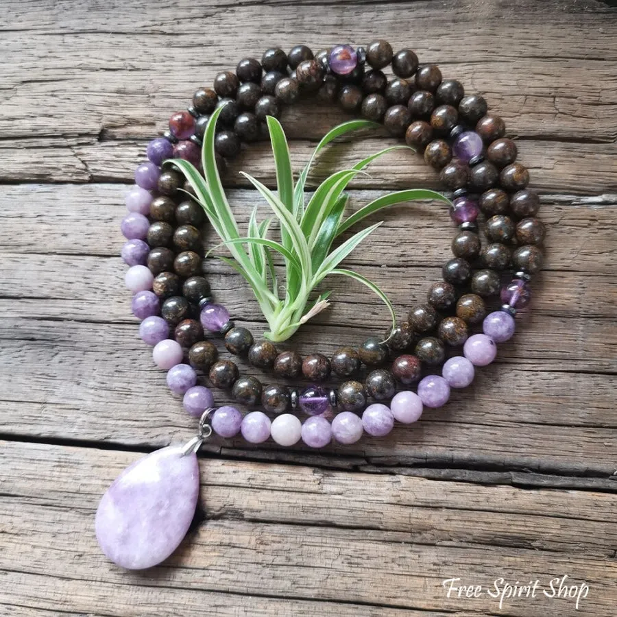 108 Natural Bronzite & Purple Lepidolite Mala Bead Necklace