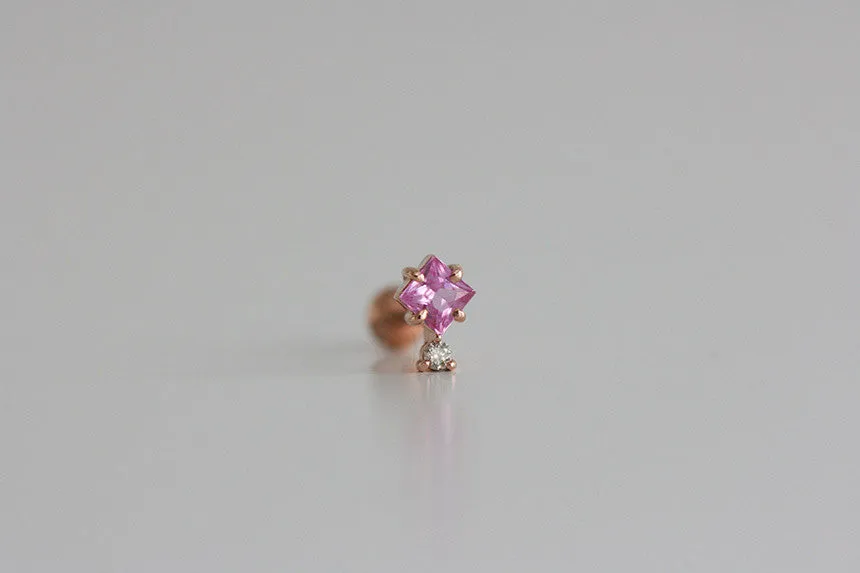 14K 18K Solid Gold Genuine Cognac Diamond & Natural Pink Sapphire Cartilage Helix Barbell Piercing