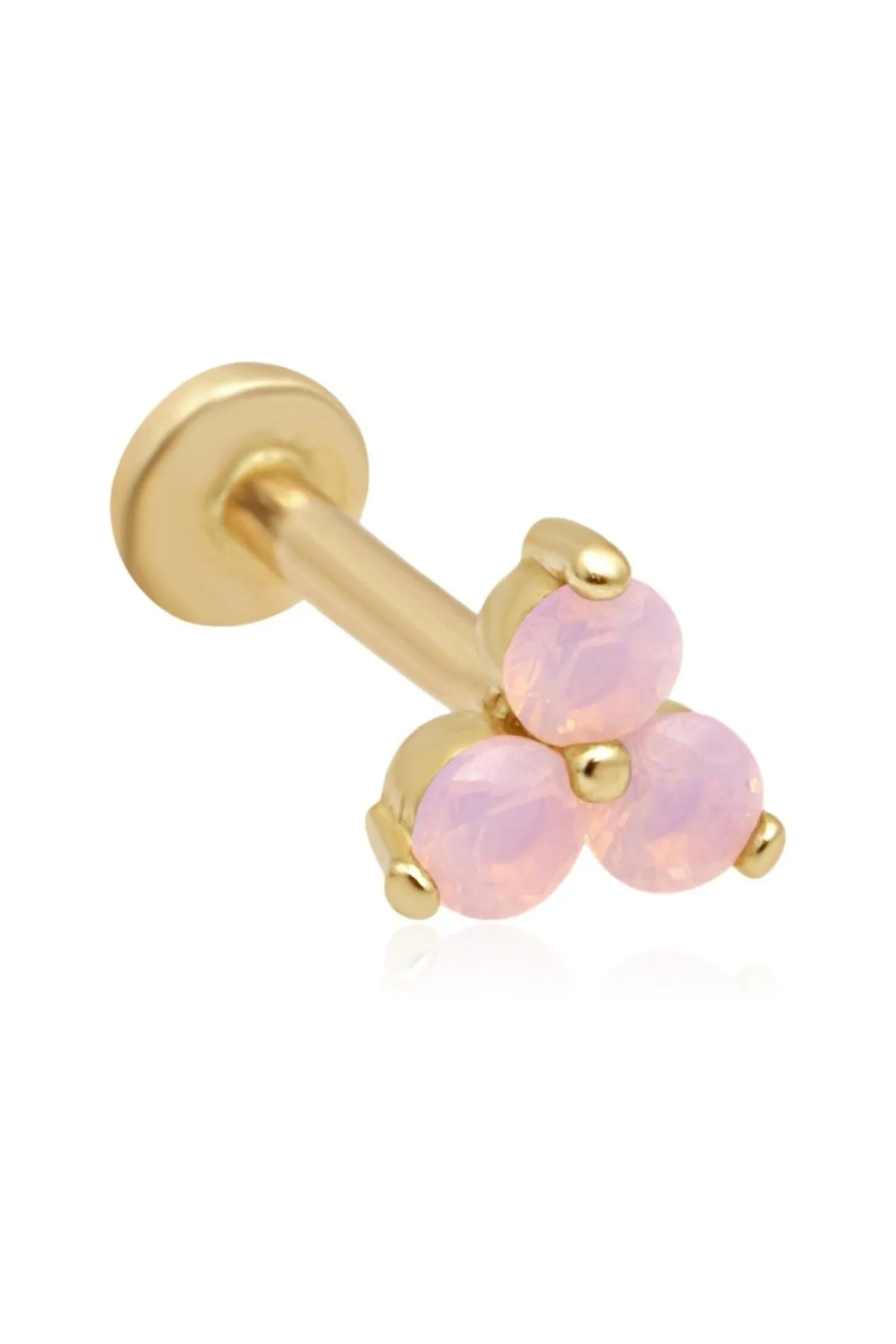 14K Gold Pink Opal Trinity Helix Cartilage Internally Threaded Flat Back Earring Labret Stud