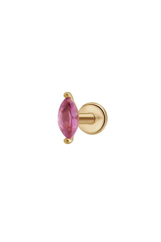 14K Gold Pink Tourmaline Marquise Setting Helix Tragus Internally Threaded Flat Back Earring Labret Stud