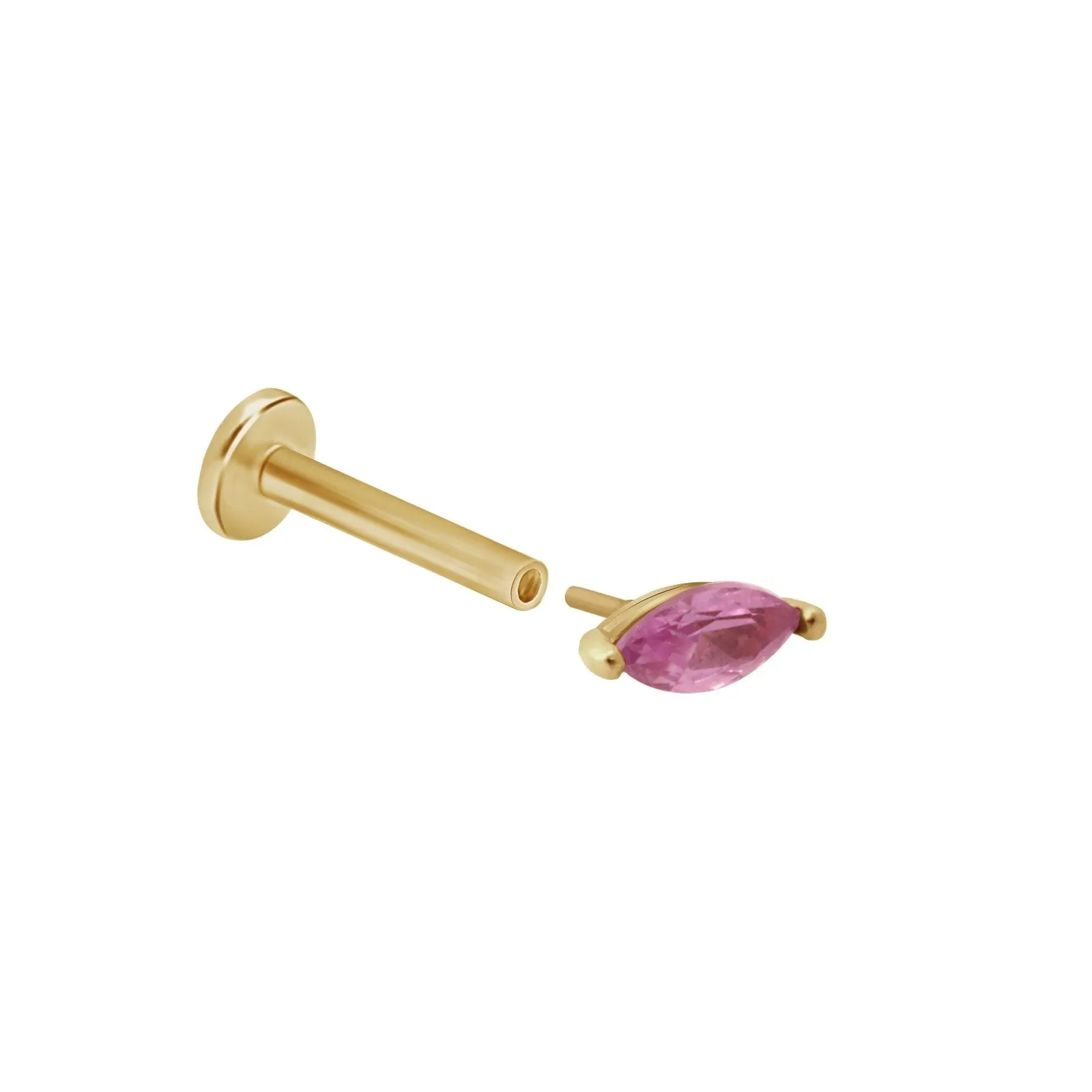 14K Gold Pink Tourmaline Marquise Setting Helix Tragus Internally Threaded Flat Back Earring Labret Stud