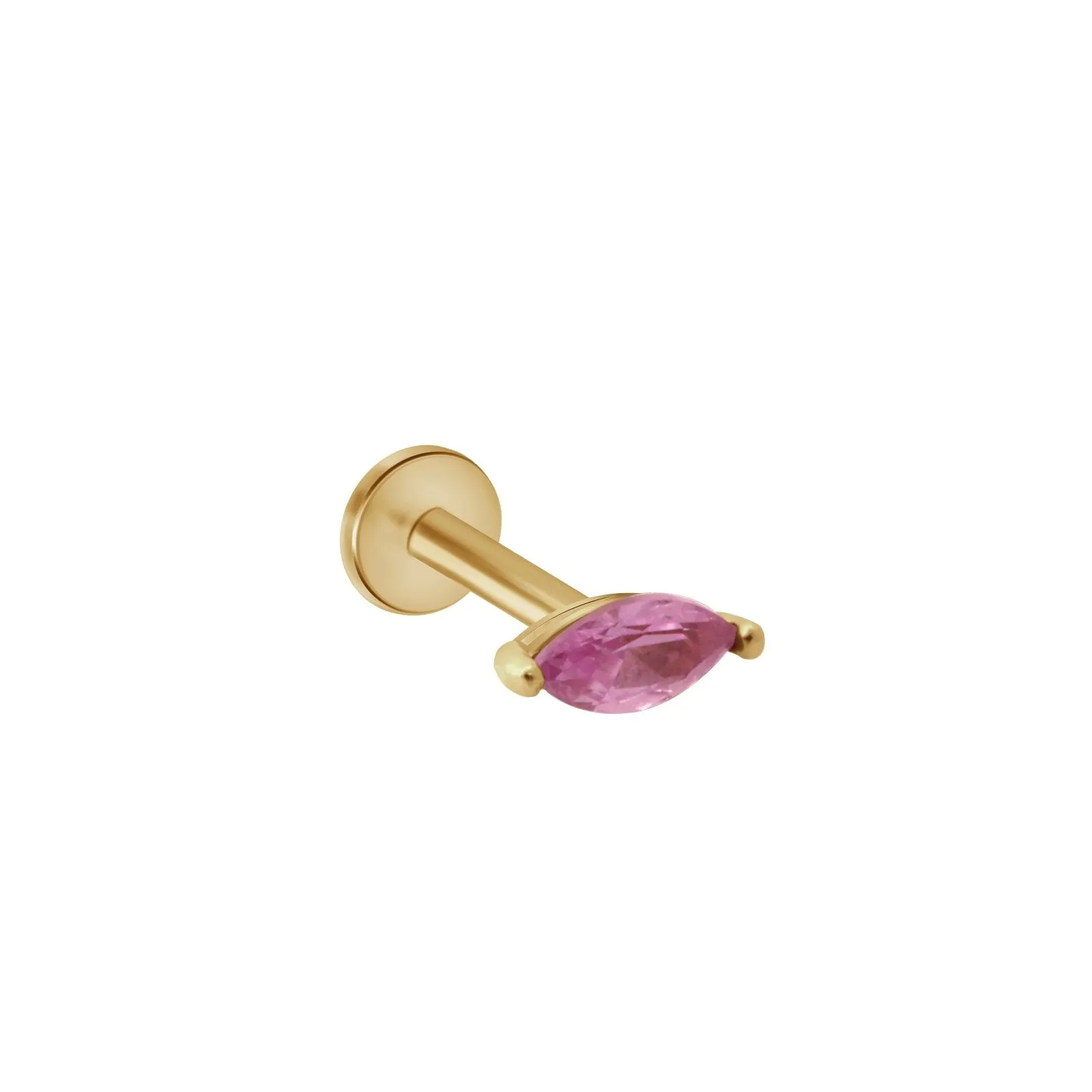 14K Gold Pink Tourmaline Marquise Setting Helix Tragus Internally Threaded Flat Back Earring Labret Stud