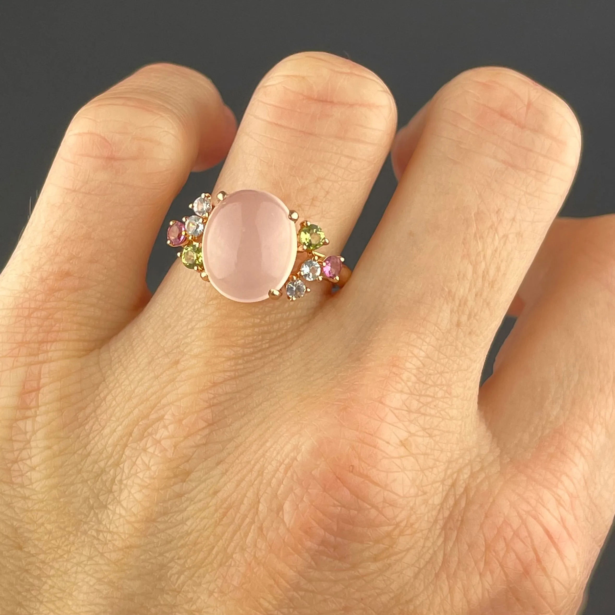 14K Rose Gold Pink Quartz Cabochon Ring, Sz 6.75