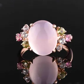 14K Rose Gold Pink Quartz Cabochon Ring, Sz 6.75