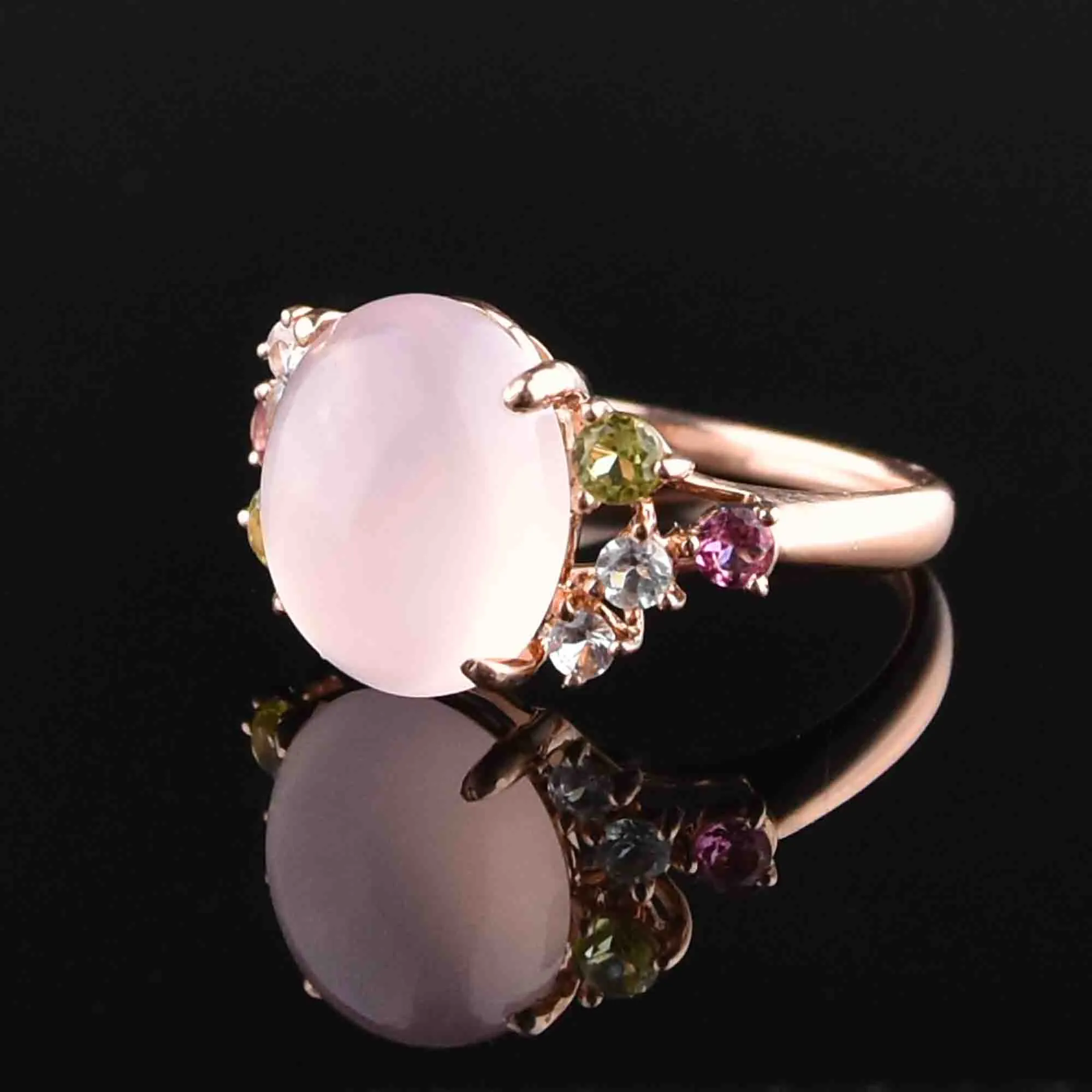 14K Rose Gold Pink Quartz Cabochon Ring, Sz 6.75