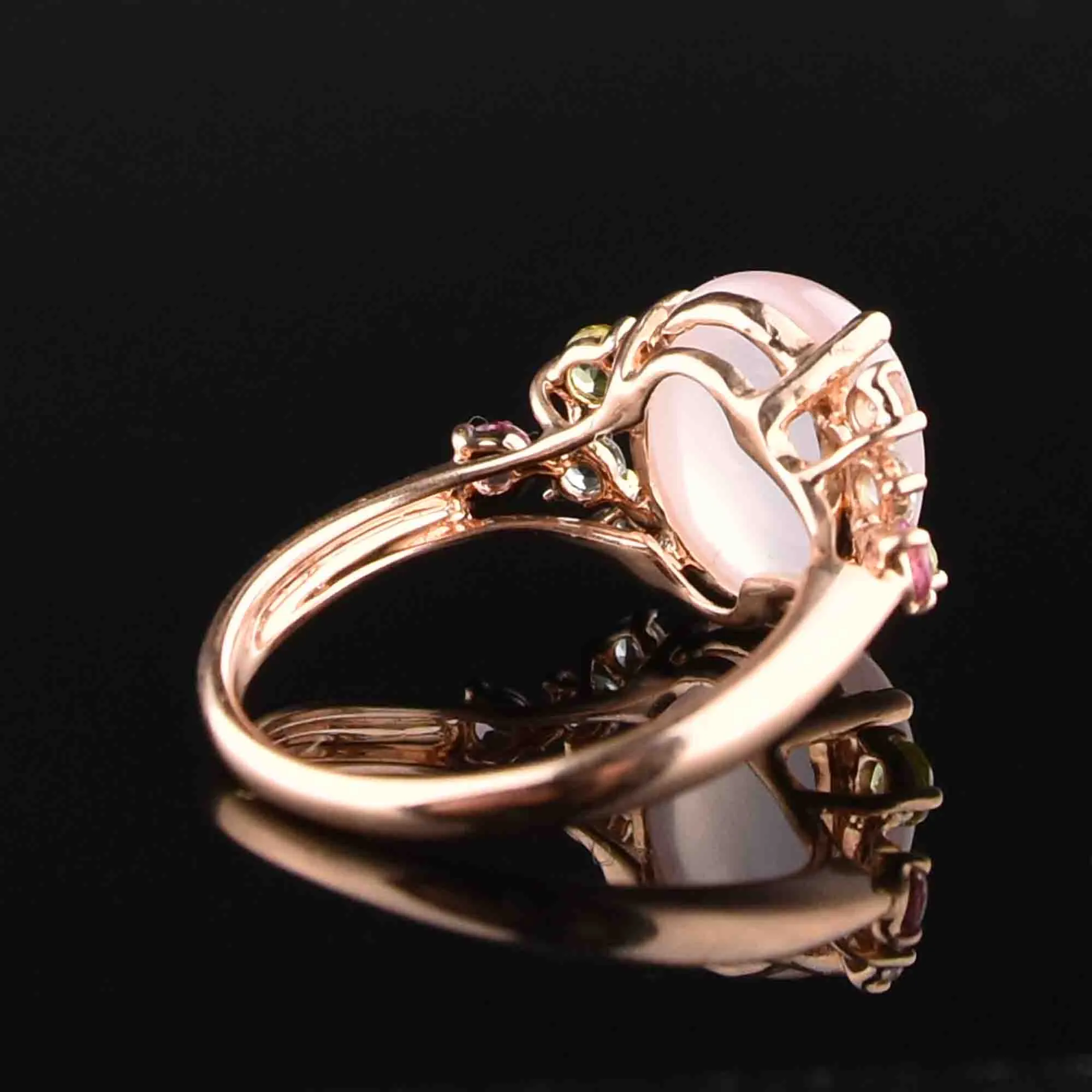 14K Rose Gold Pink Quartz Cabochon Ring, Sz 6.75