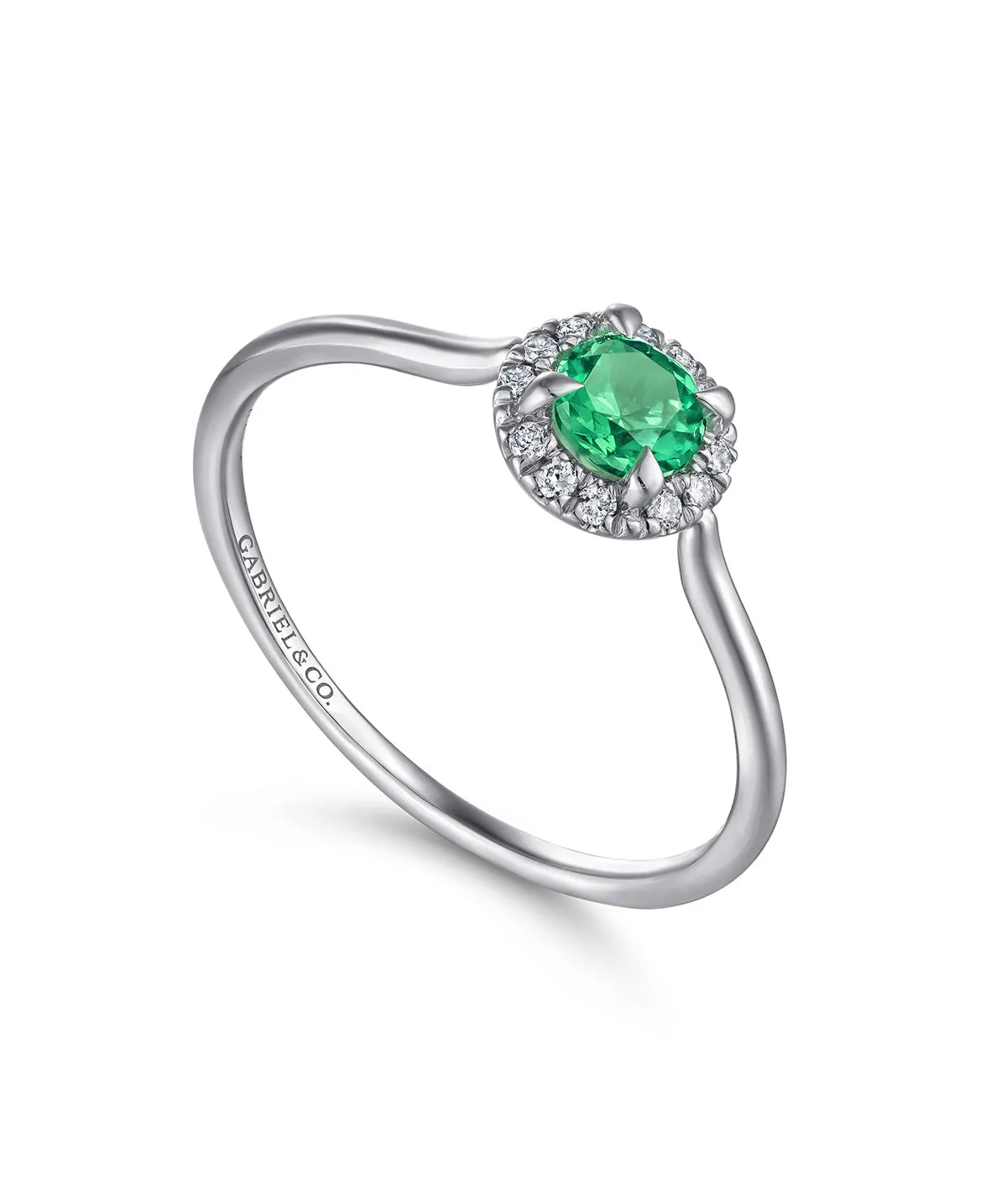 14K White Gold Emerald Diamond Halo Promise Ring