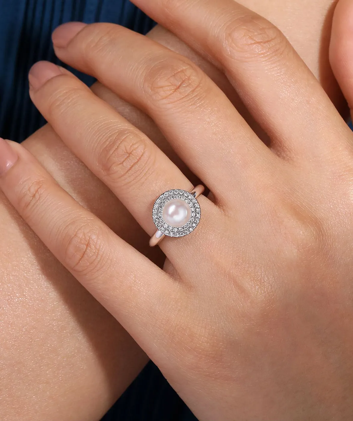 14K White Gold Pearl Ring with Diamond Double Halo