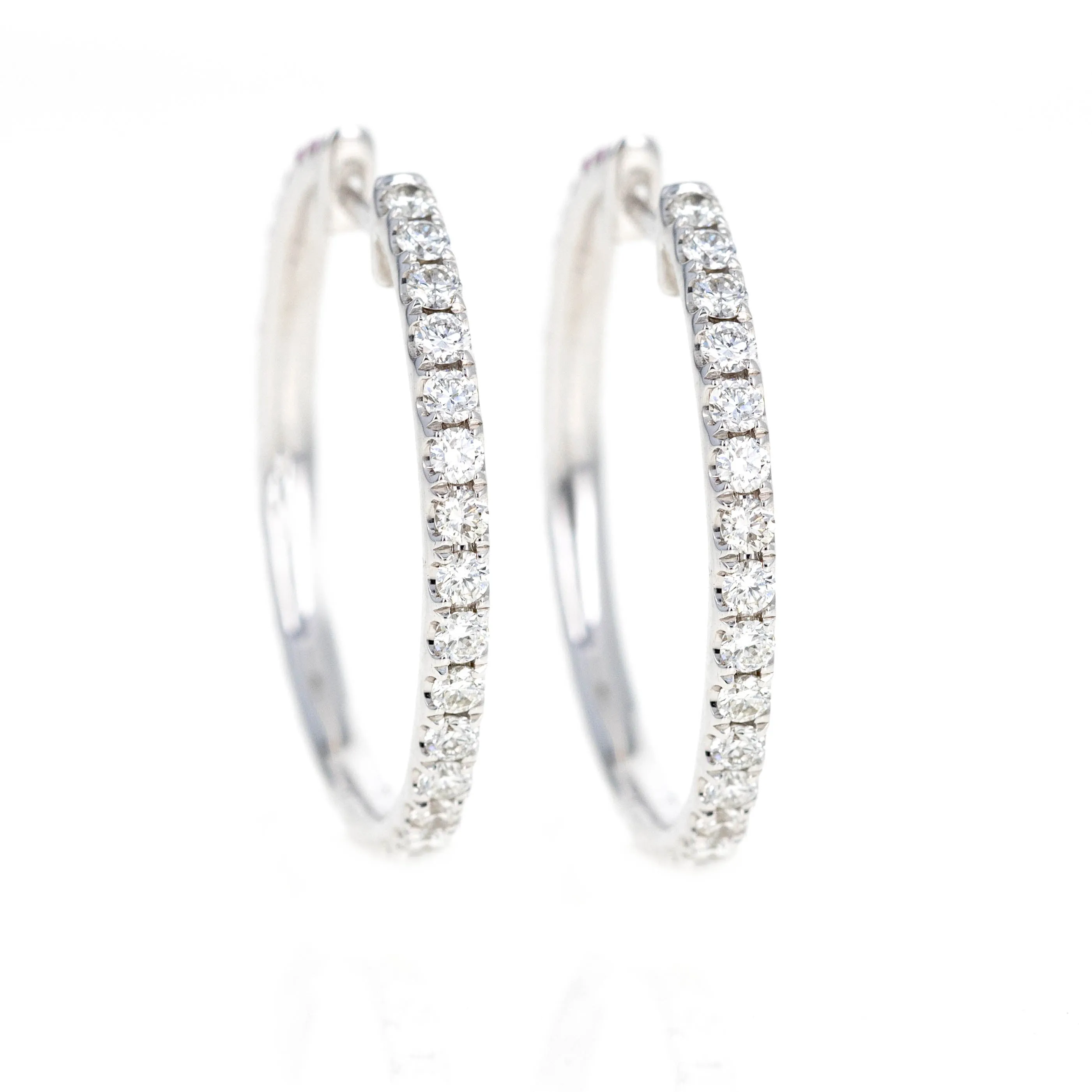 14K White Gold Pink Natural Sapphire Diamond Reversible Hoop Earrings