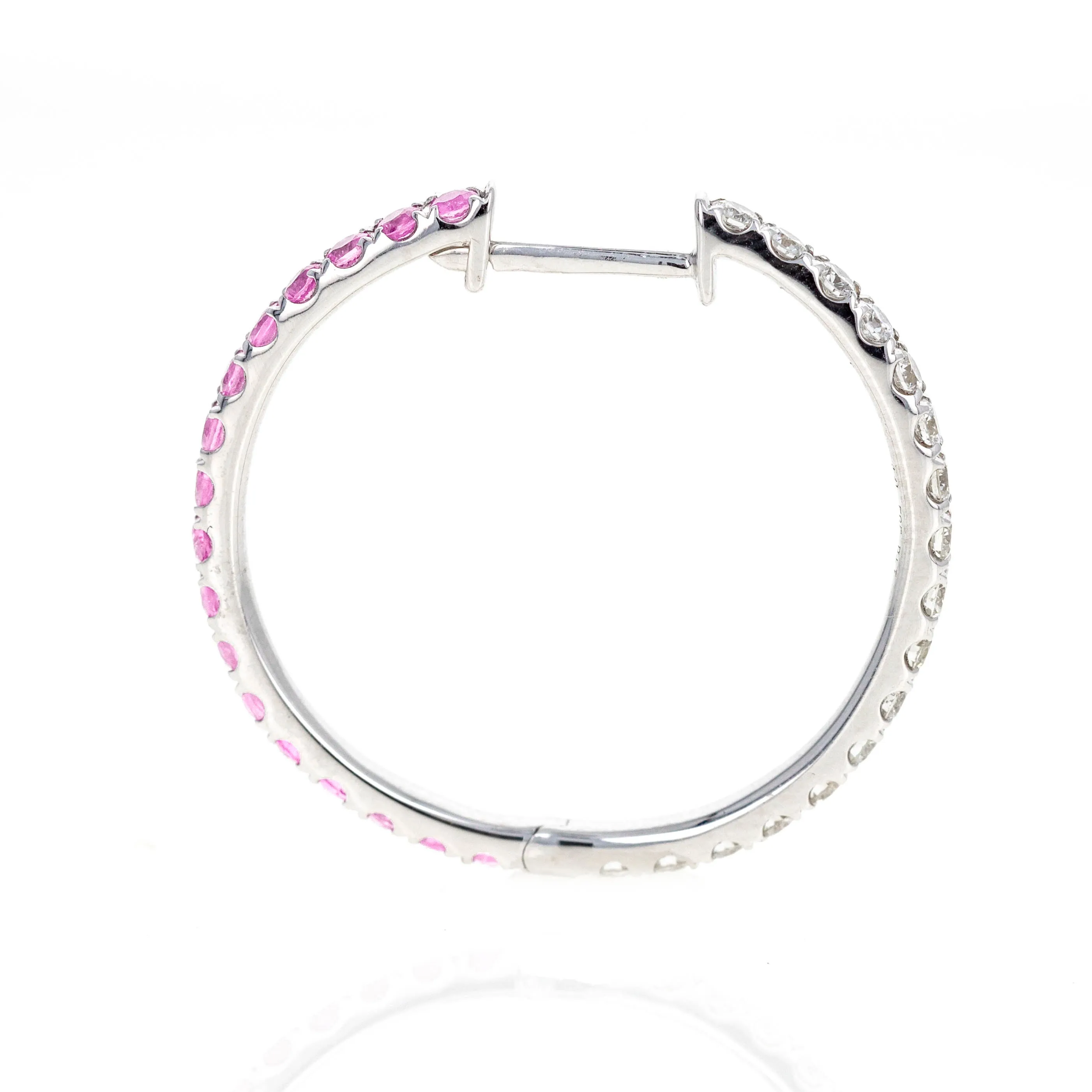 14K White Gold Pink Natural Sapphire Diamond Reversible Hoop Earrings