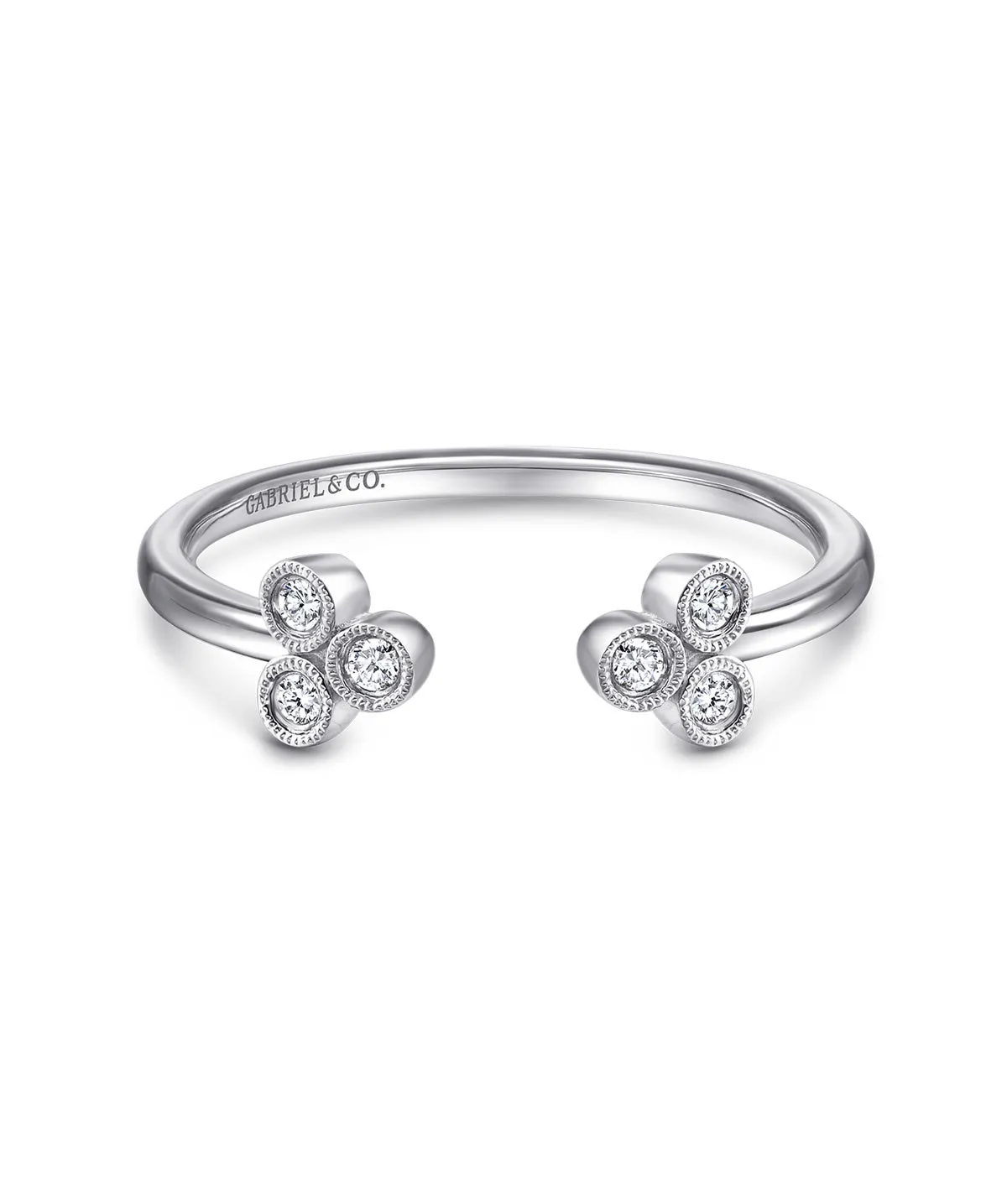 14K White Gold Split Ring with Bezel Set Triple Diamond Clusters