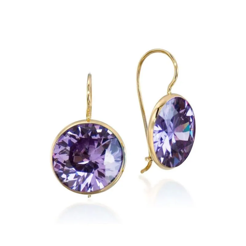 14K Yellow Gold Large Purple Cubic Zirconia 12mm Dangle Earrings