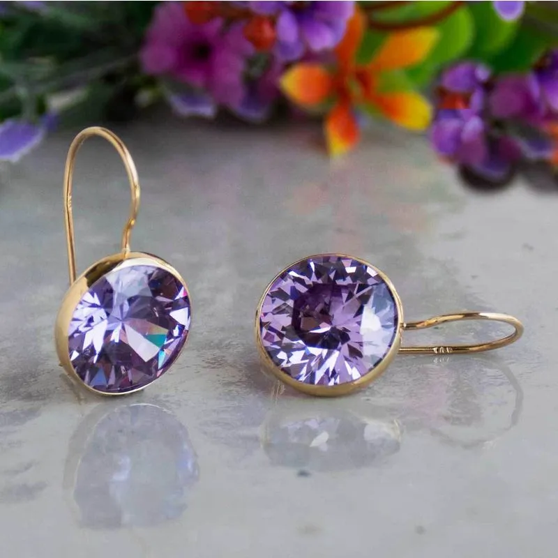 14K Yellow Gold Large Purple Cubic Zirconia 12mm Dangle Earrings