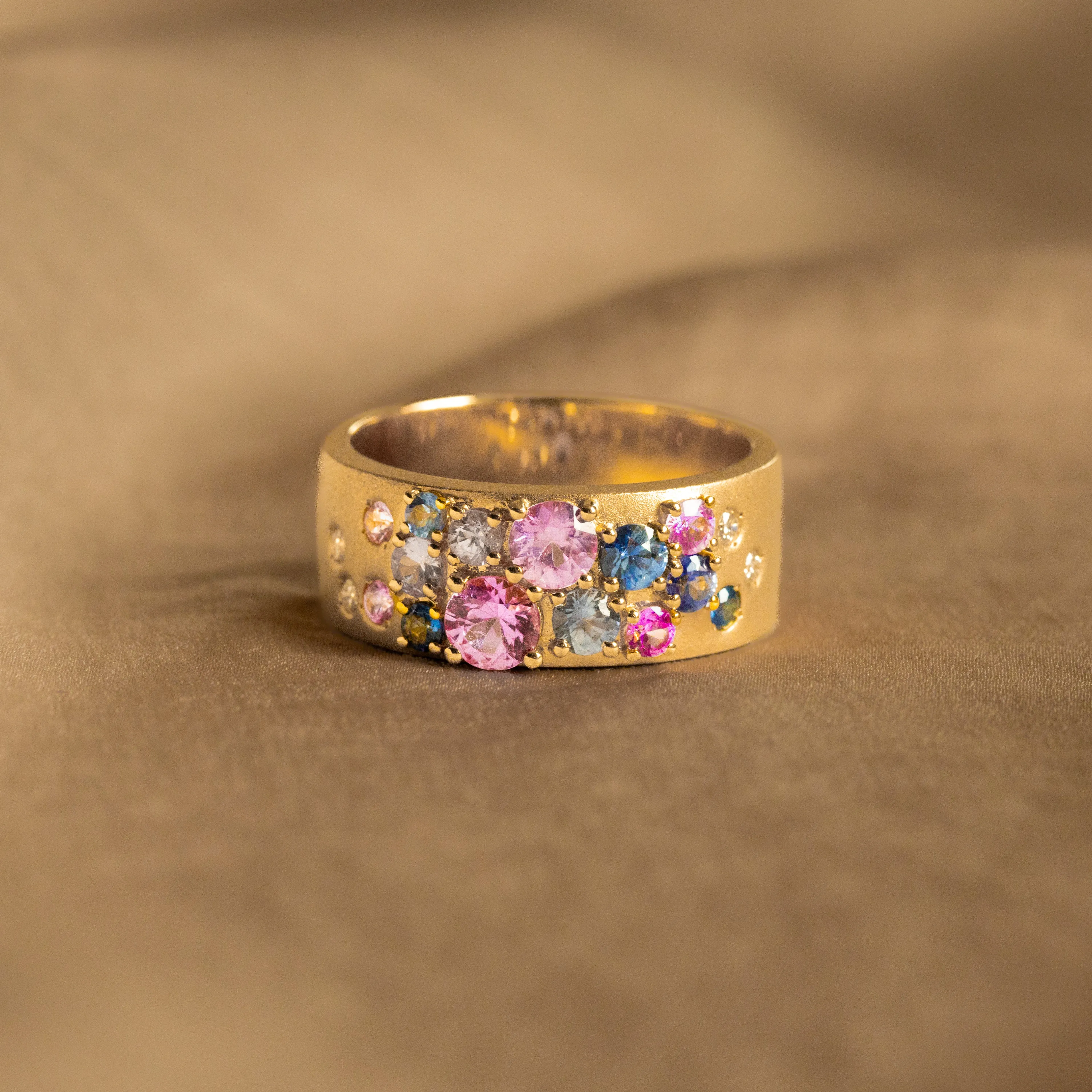 14K Yellow Gold Natural Pink and Blue Sapphire Diamond Brushed Wide Band