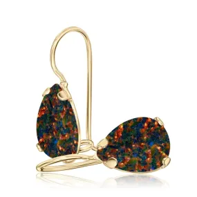 14K Yellow Gold Teardrop Black Opal 7X10mm Dangle Earrings