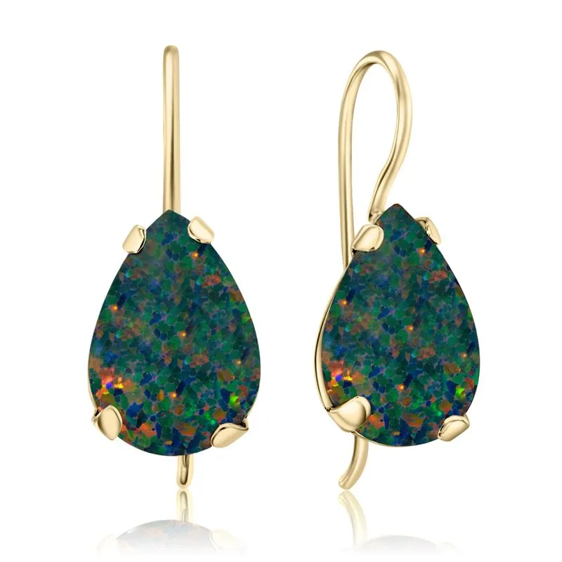 14K Yellow Gold Teardrop Black Opal 7X10mm Dangle Earrings