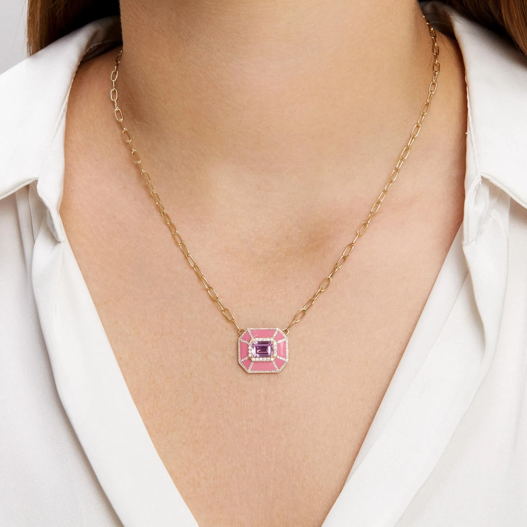 14KT Yellow Gold Pink Topaz Pink Enamel Diamond Deco Necklace