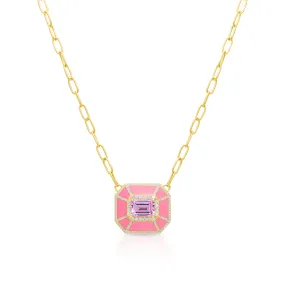 14KT Yellow Gold Pink Topaz Pink Enamel Diamond Deco Necklace