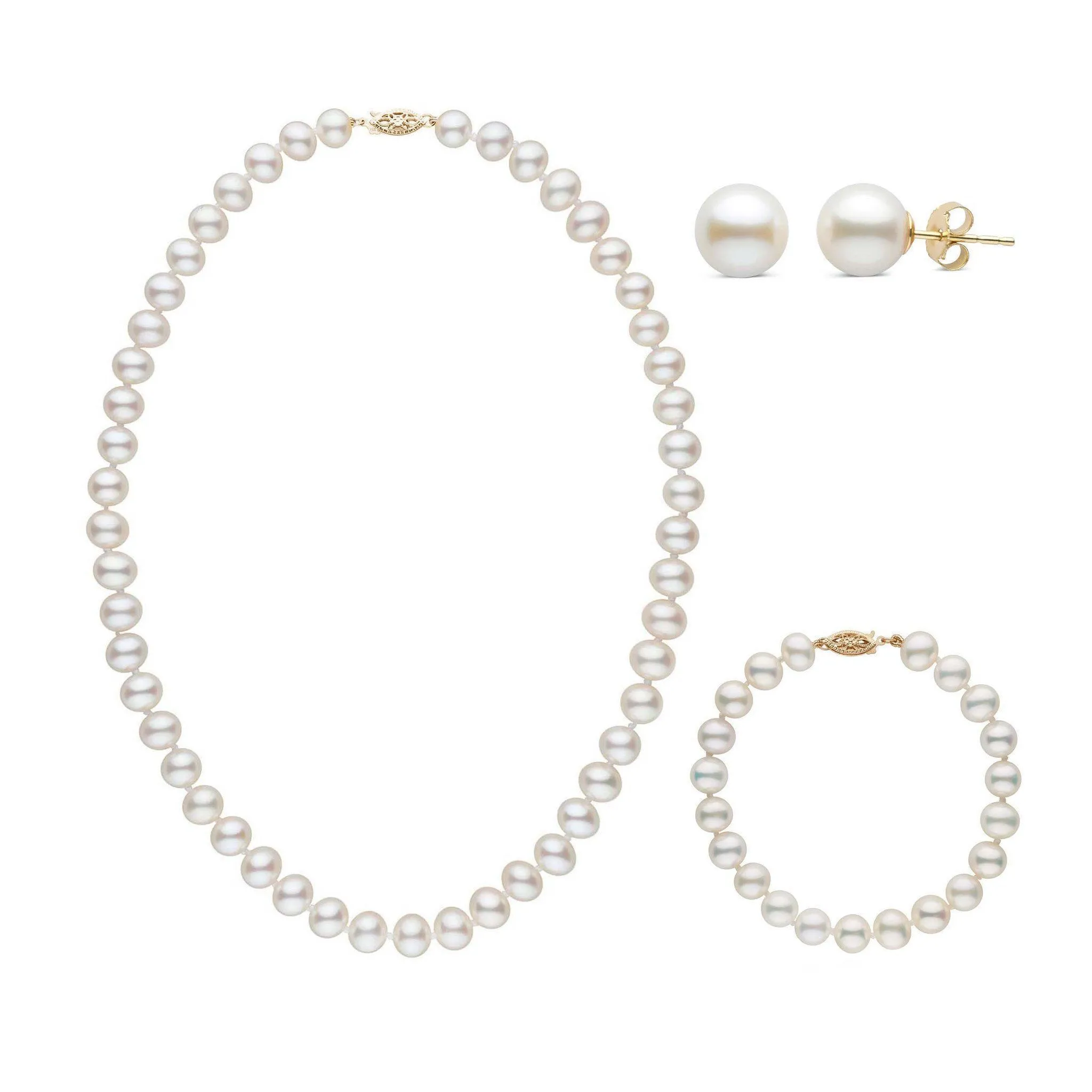 16 Inch 3 Piece Set of 7.5-8.0 mm AA+ White Freshwater Pearls