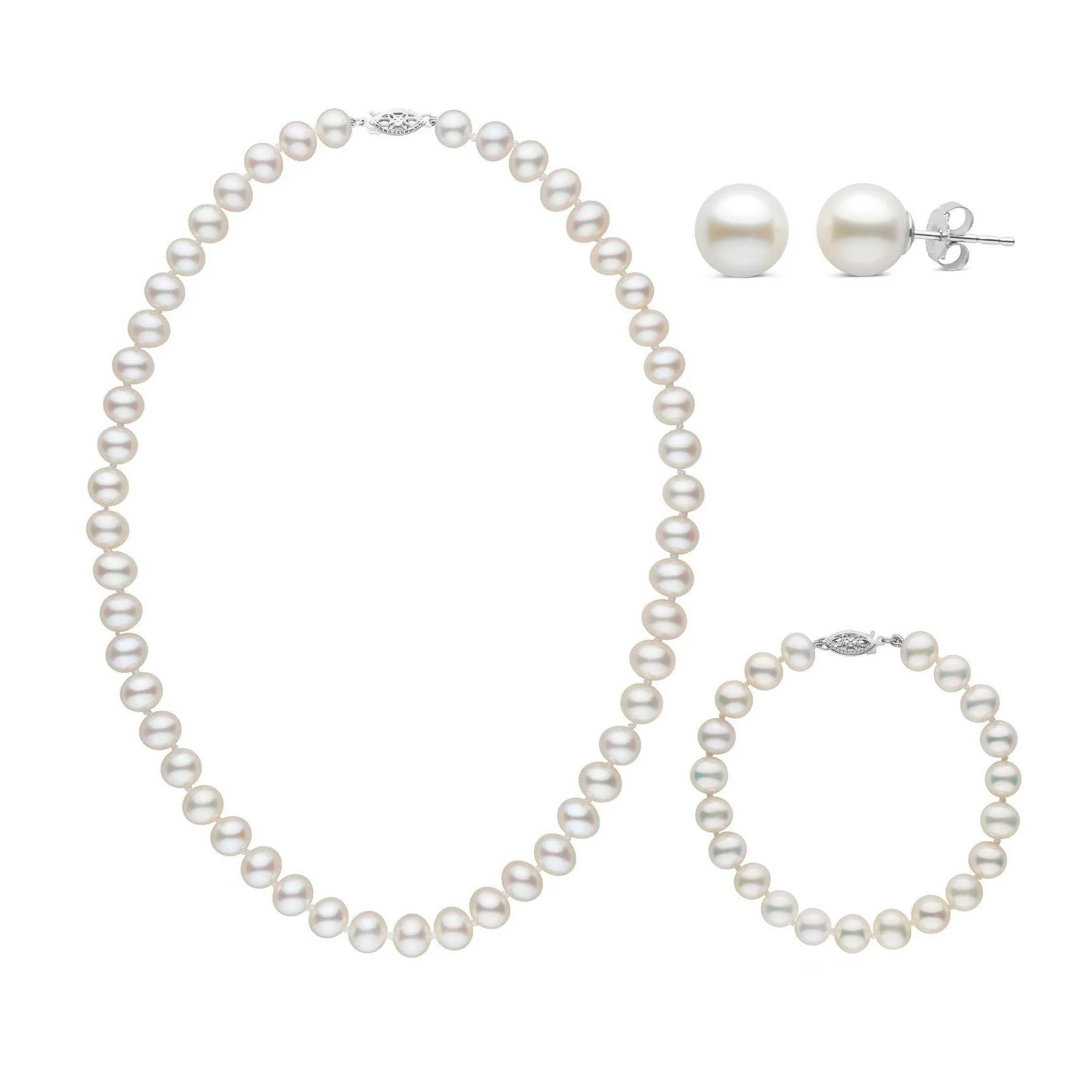 16 Inch 3 Piece Set of 7.5-8.0 mm AA+ White Freshwater Pearls