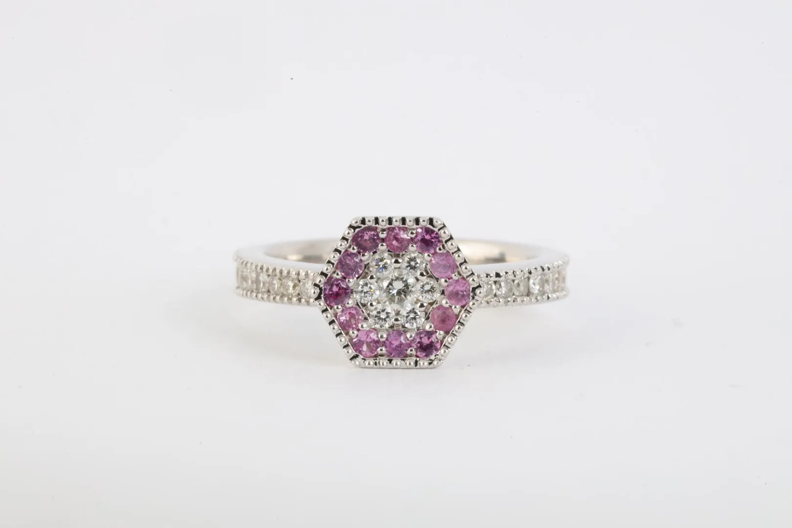 18k White Gold 0.42tcw Diamond 0.18tcw Pink Sapphire Ring Size 7.25 (6.38g.)