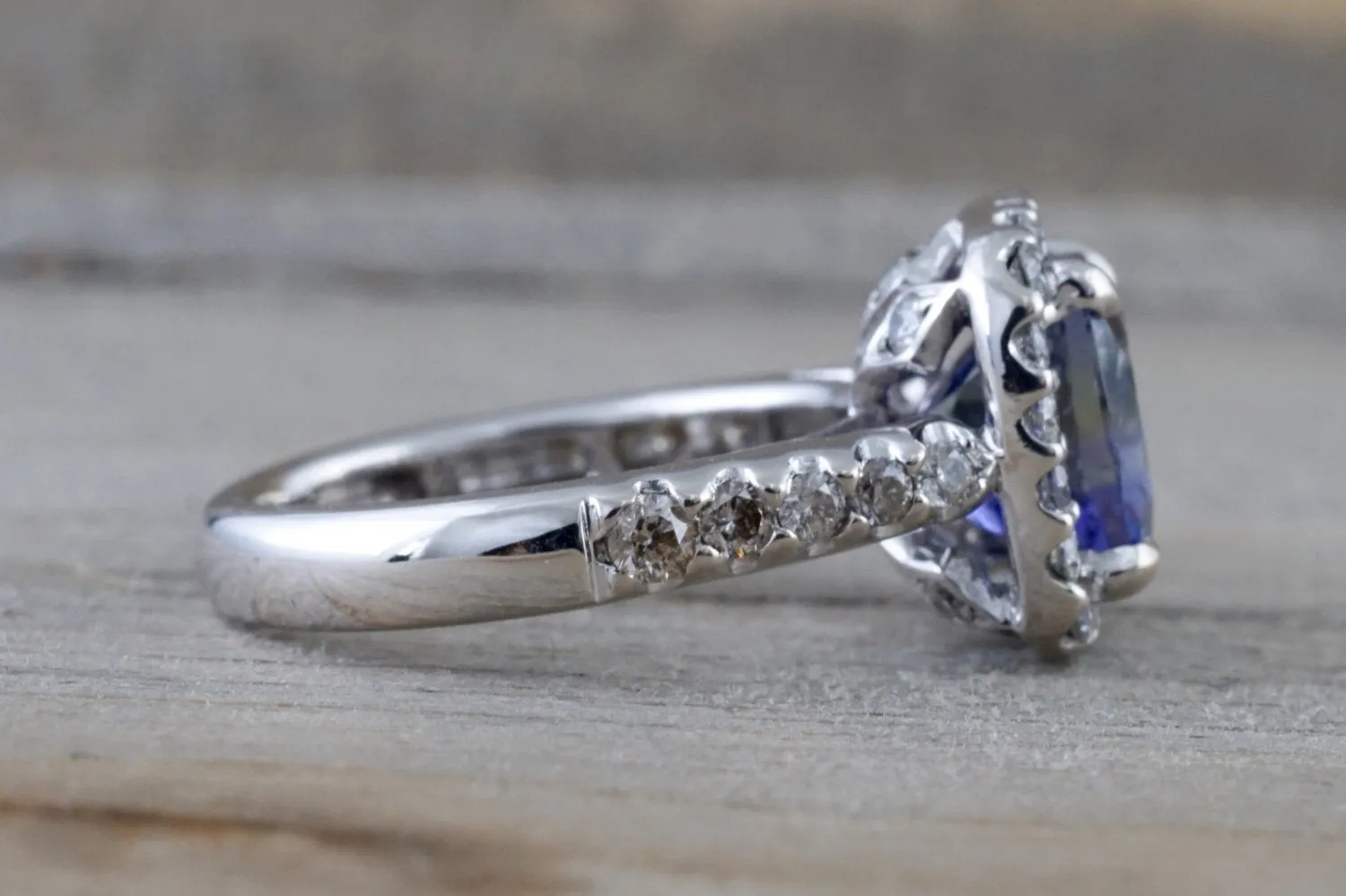 18k White Gold Cushion Cut Exotic Tanzanite Cushion Diamond Halo Wedding Engagement Promise Ring Anniversary Ballerina Shank Pur