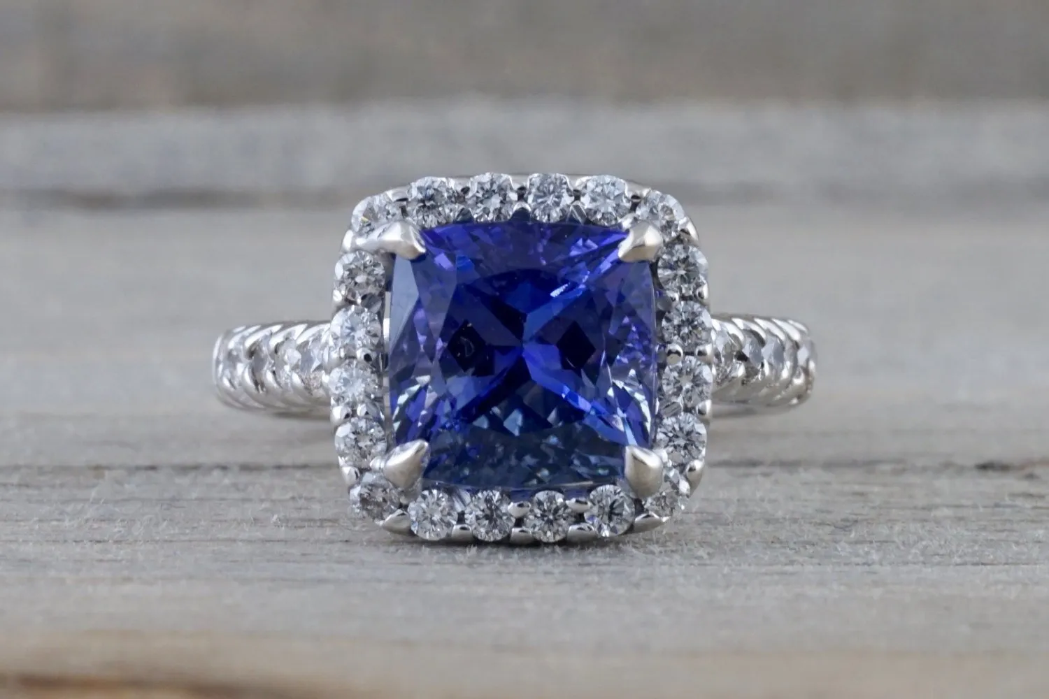 18k White Gold Cushion Cut Exotic Tanzanite Cushion Diamond Halo Wedding Engagement Promise Ring Anniversary Ballerina Shank Pur