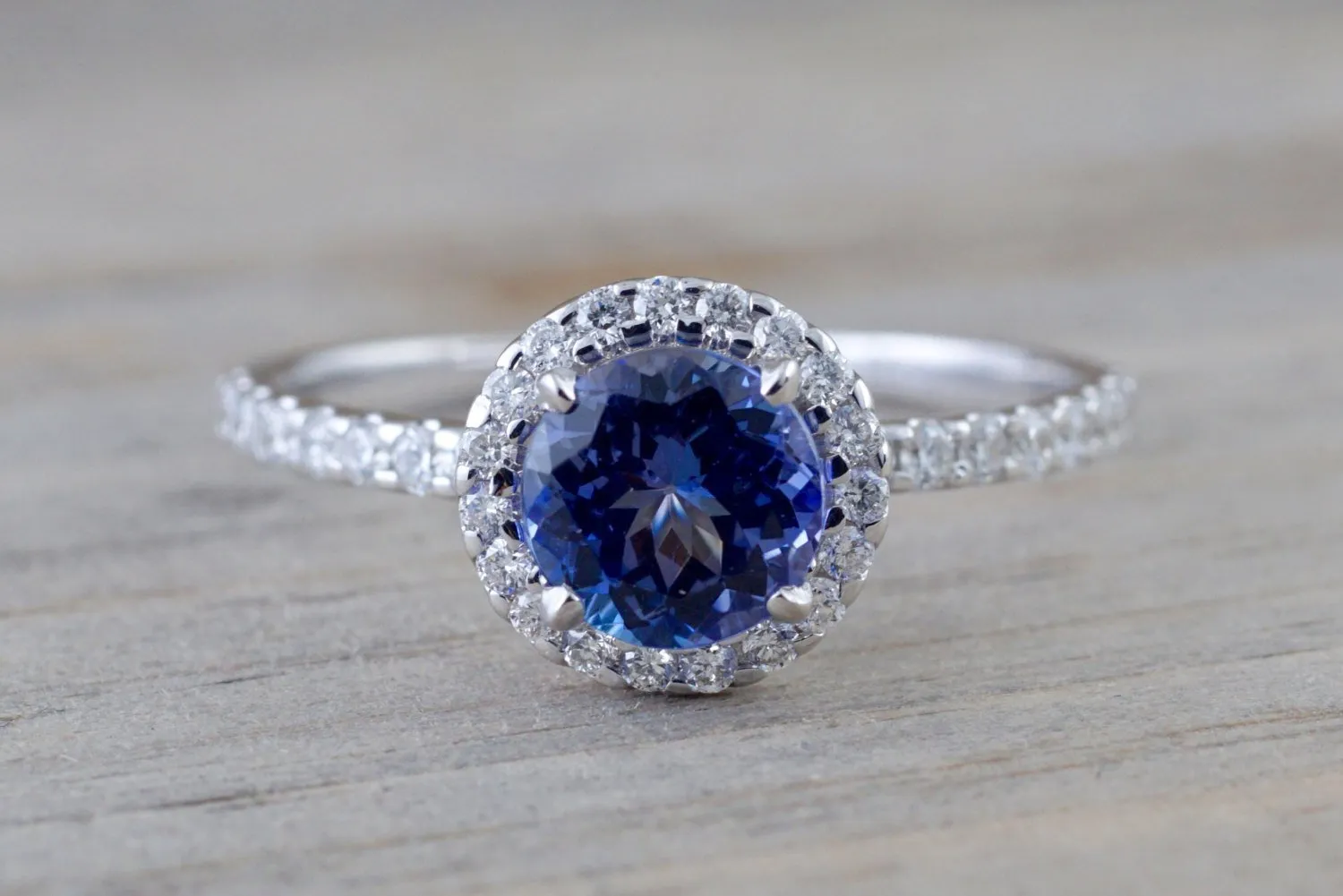 18k White Gold Round Cut Tanzanite Diamond Halo Wedding Engagement Promise Ring Anniversary Dainty Shank Purple Blue