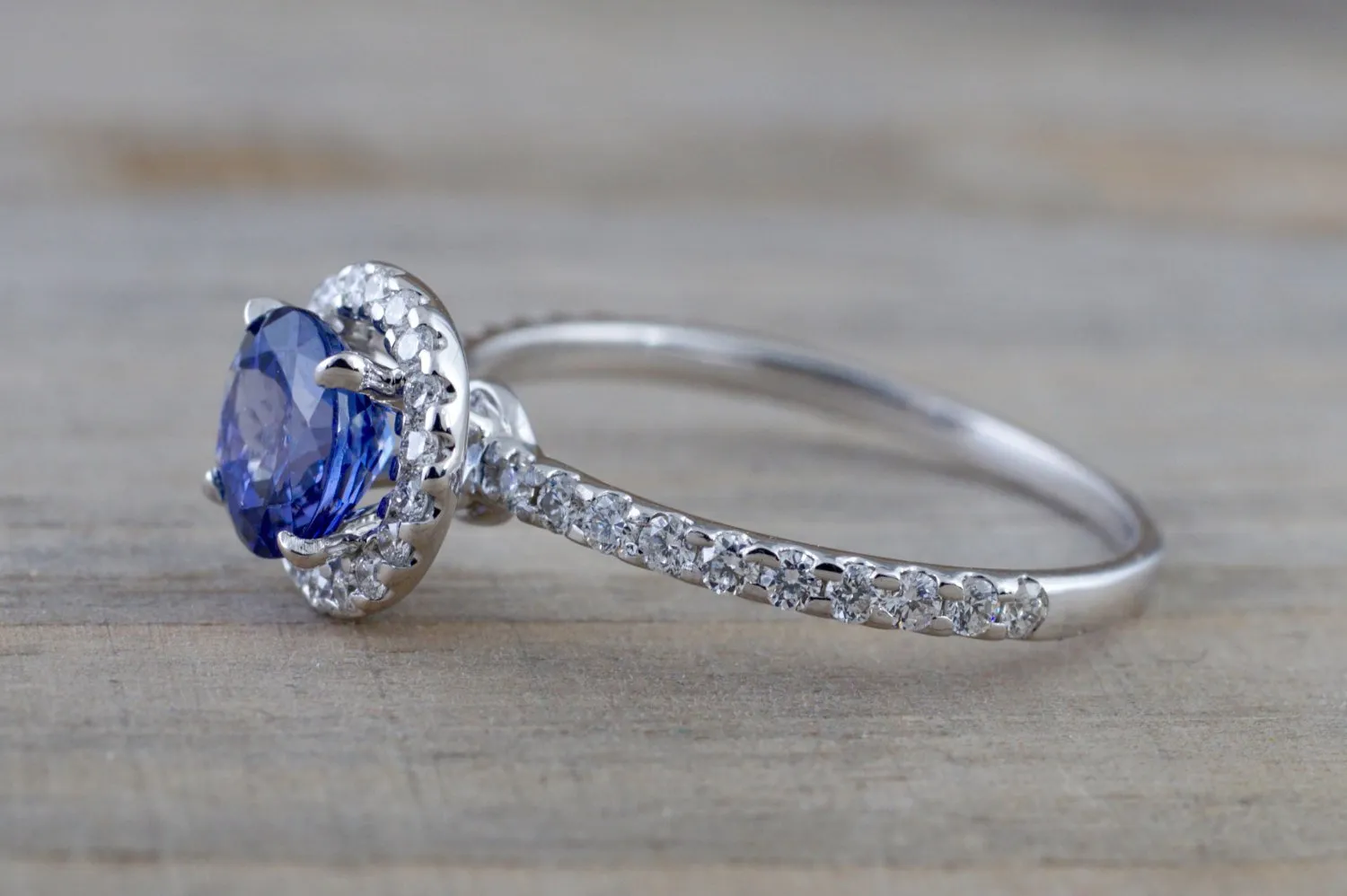 18k White Gold Round Cut Tanzanite Diamond Halo Wedding Engagement Promise Ring Anniversary Dainty Shank Purple Blue