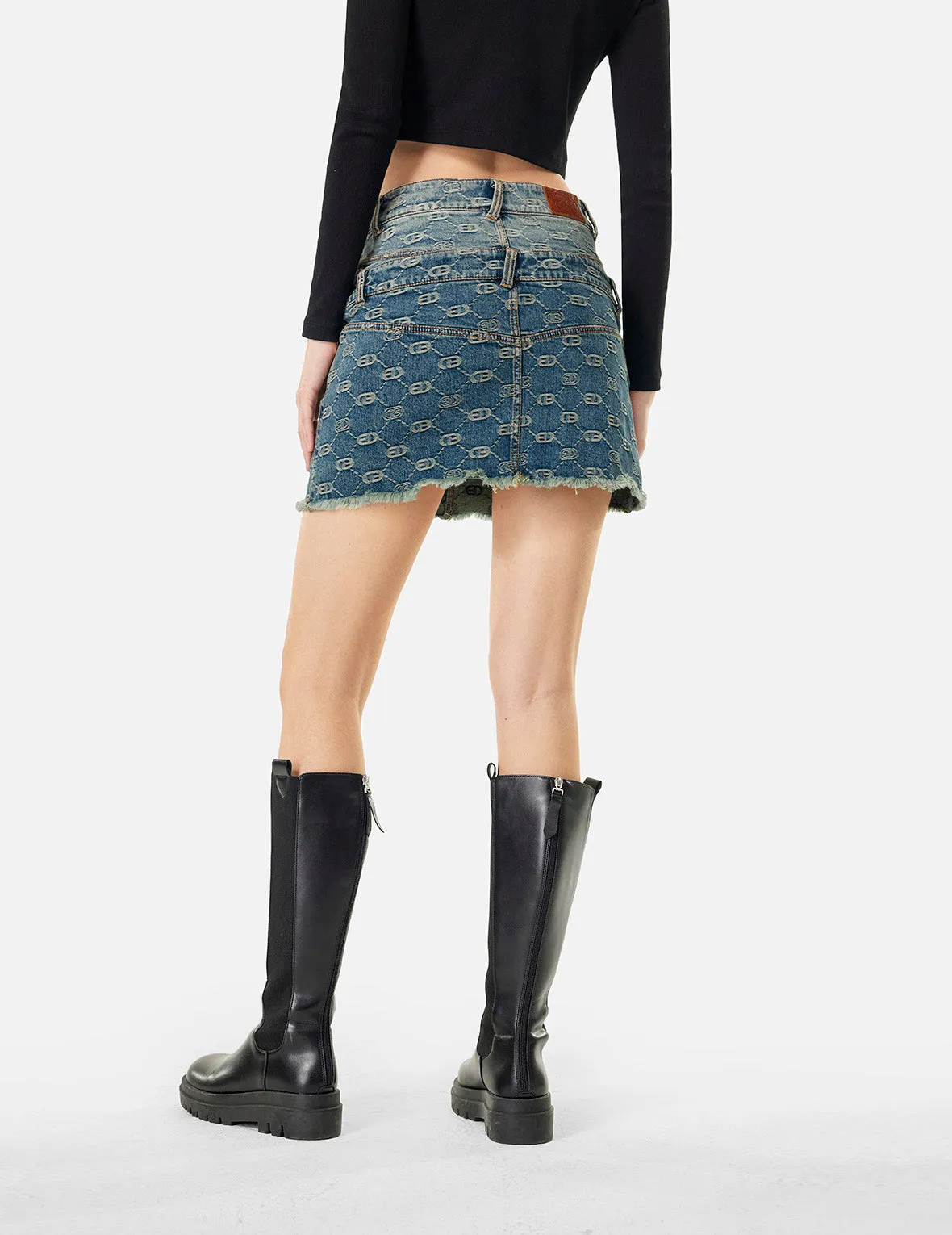 2-in-1 Allover Logo Jacquard Regular Fit Denim Skirt