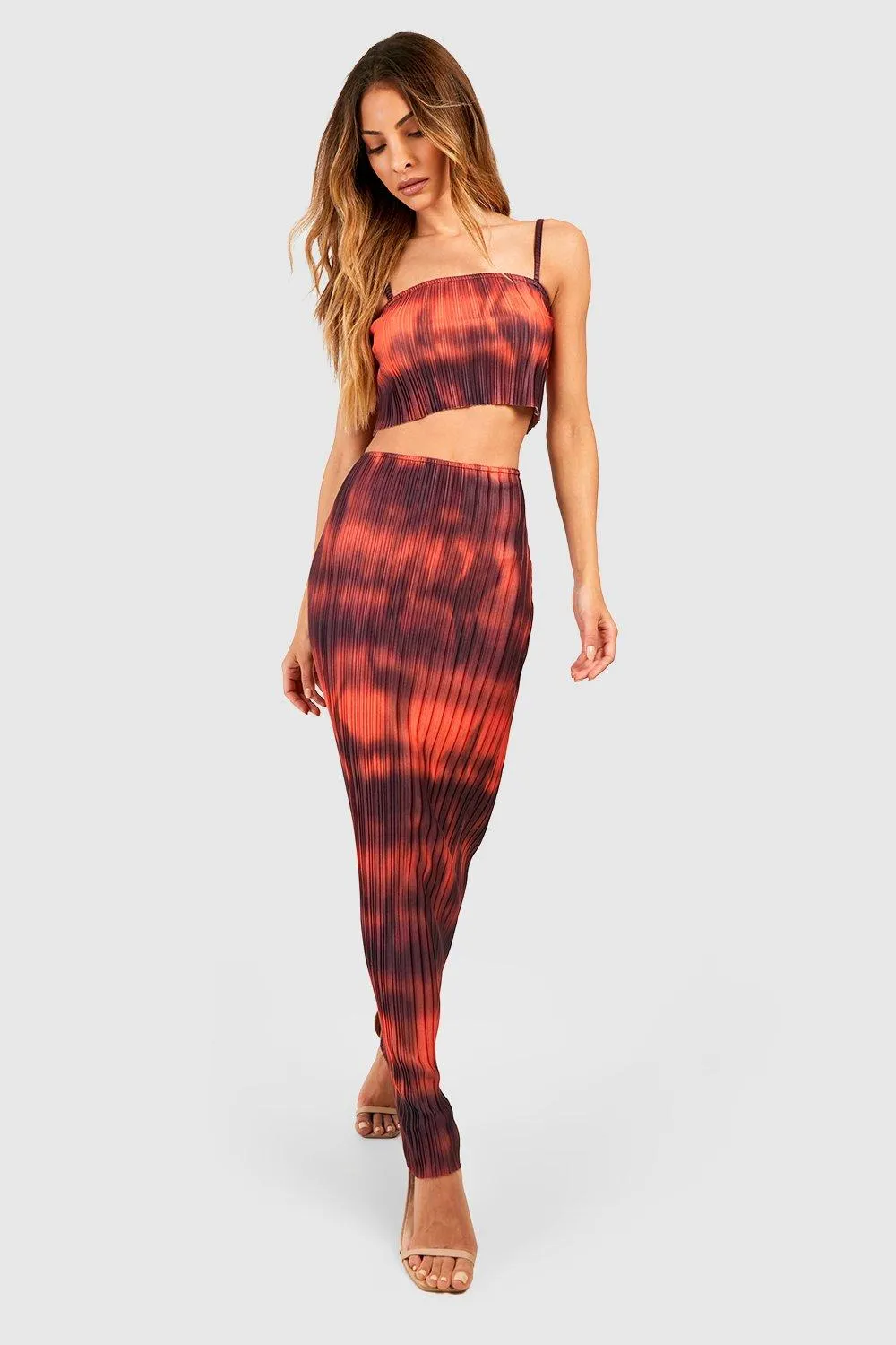 Abstract Print Plisse Square Neck Cami & Maxi Skirt