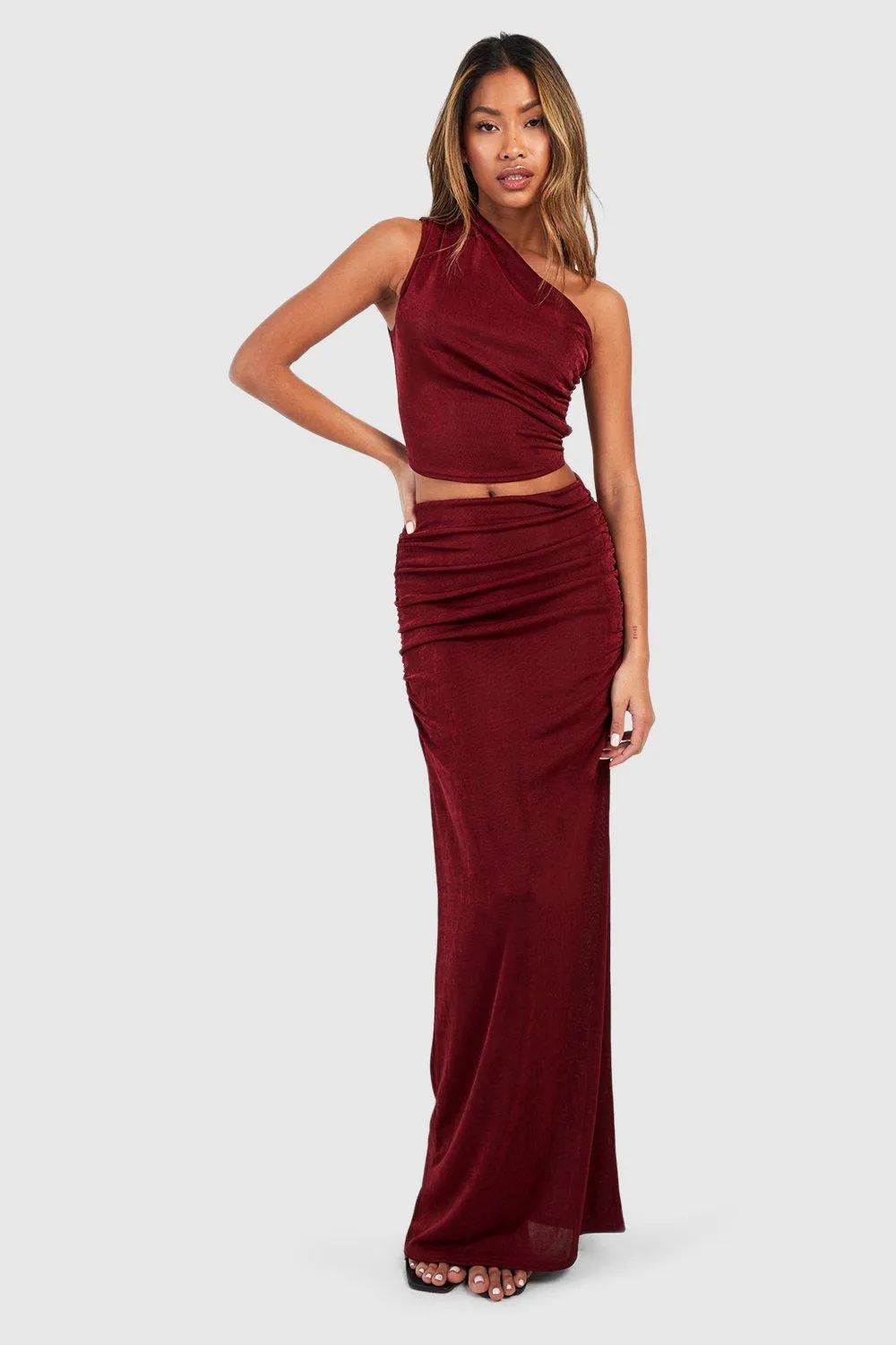 Acetate Slinky Asymmetric Ruched Top & Ruched Maxi Skirt