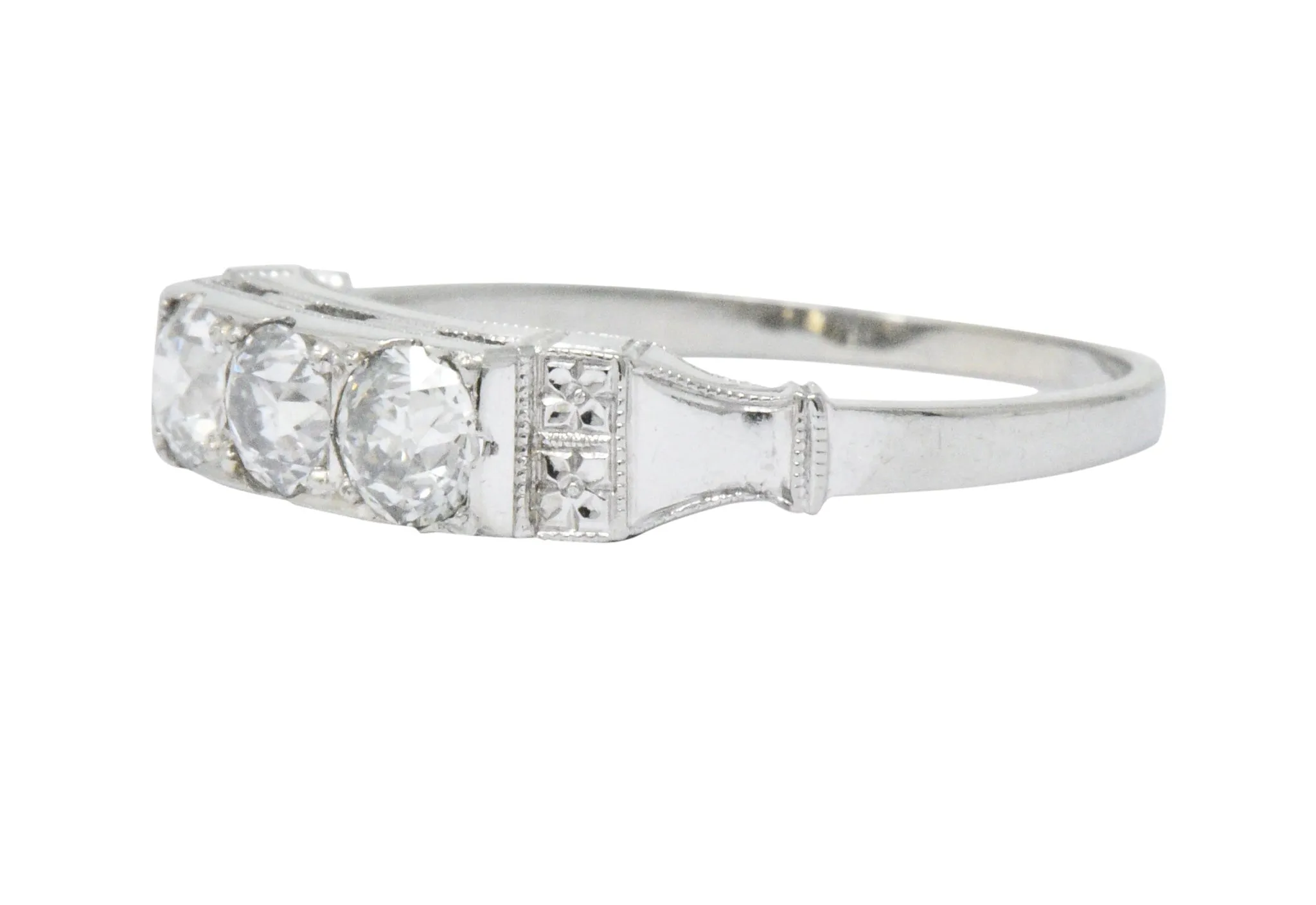 Art Deco 0.57 CTW Diamond 18 Karat White Gold Three Stone Band Ring