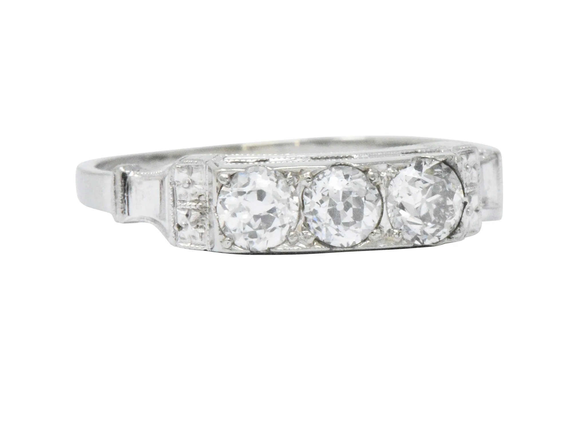 Art Deco 0.57 CTW Diamond 18 Karat White Gold Three Stone Band Ring