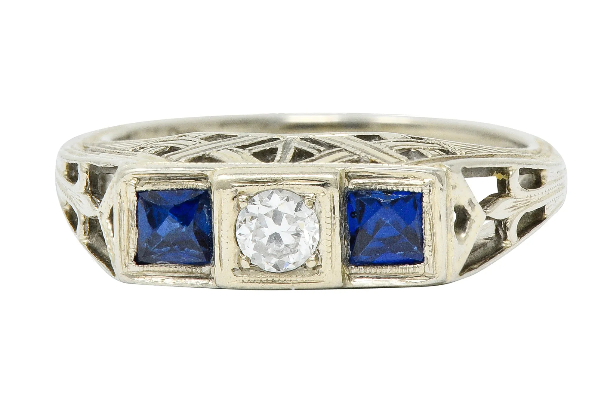 Art Deco 0.73 CTW Diamond Sapphire 19 Karat White Gold Band Ring