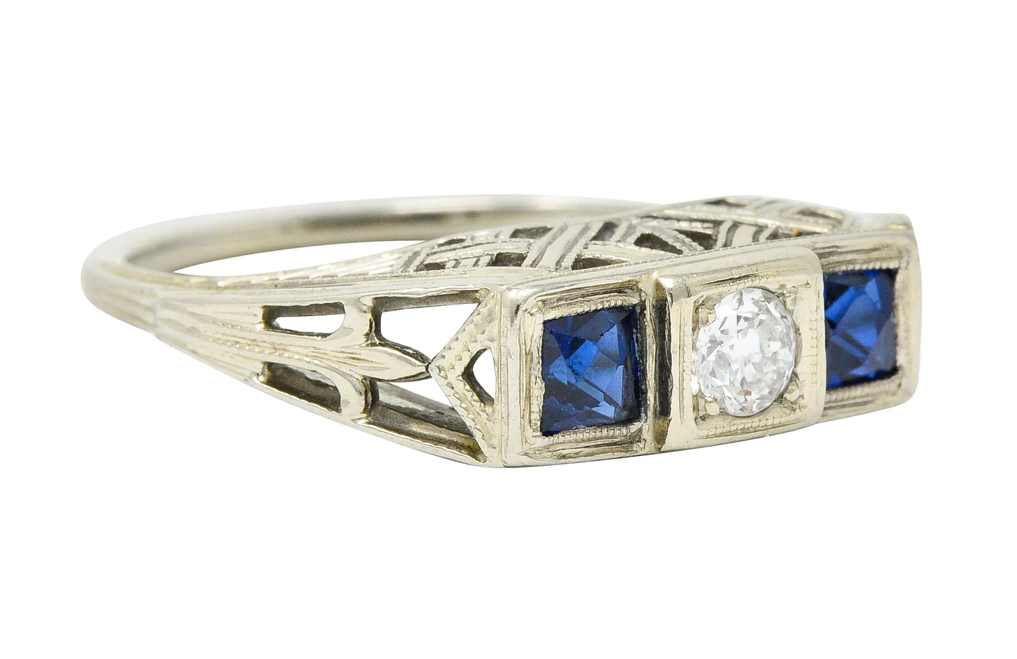 Art Deco 0.73 CTW Diamond Sapphire 19 Karat White Gold Band Ring