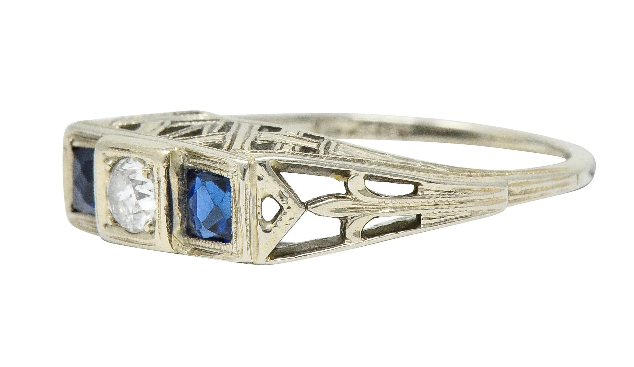 Art Deco 0.73 CTW Diamond Sapphire 19 Karat White Gold Band Ring