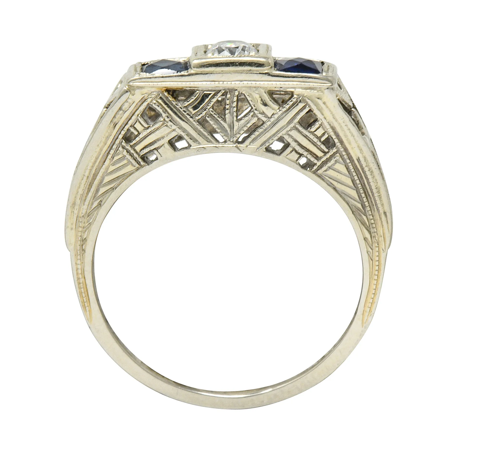 Art Deco 0.73 CTW Diamond Sapphire 19 Karat White Gold Band Ring