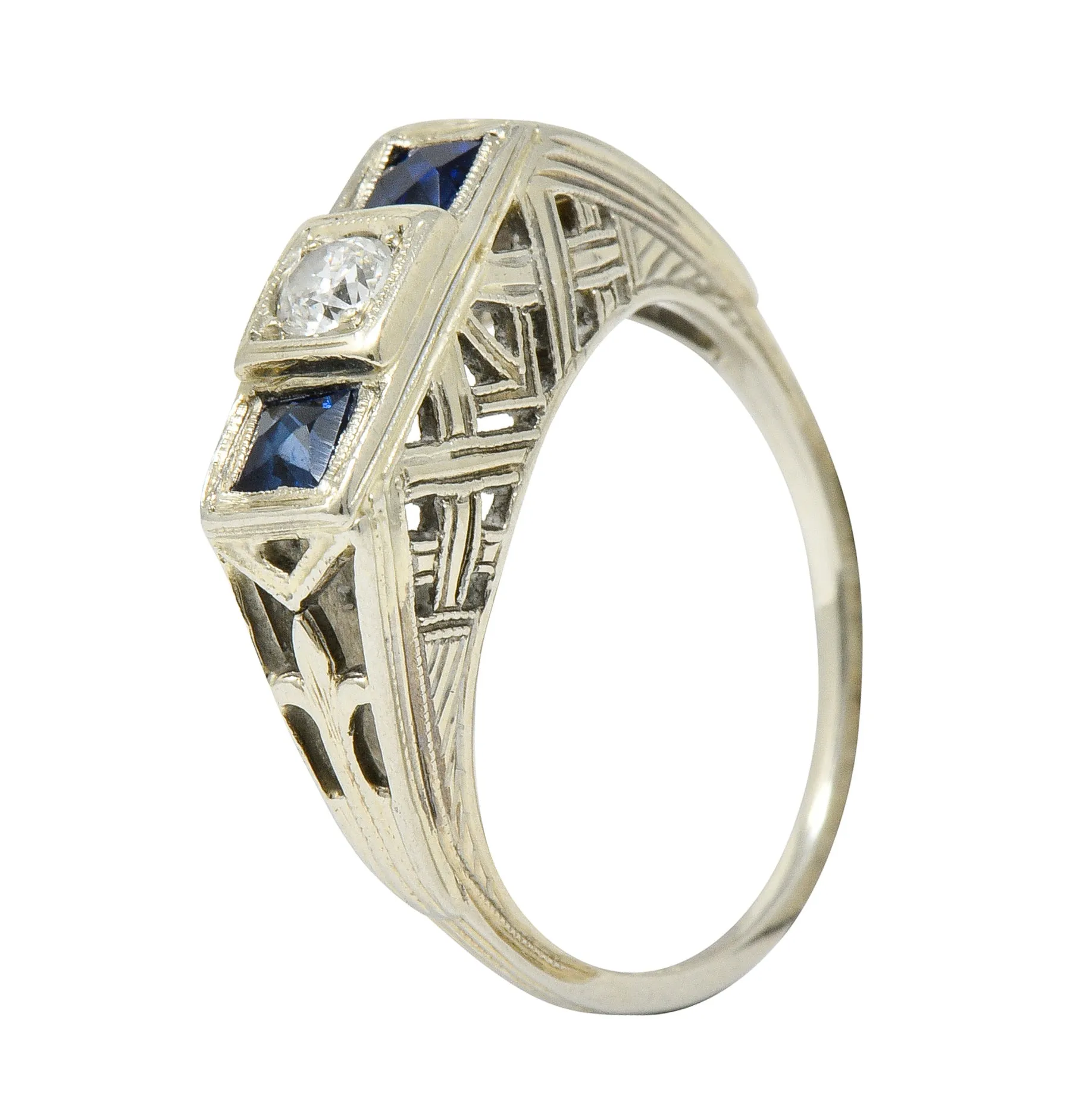 Art Deco 0.73 CTW Diamond Sapphire 19 Karat White Gold Band Ring