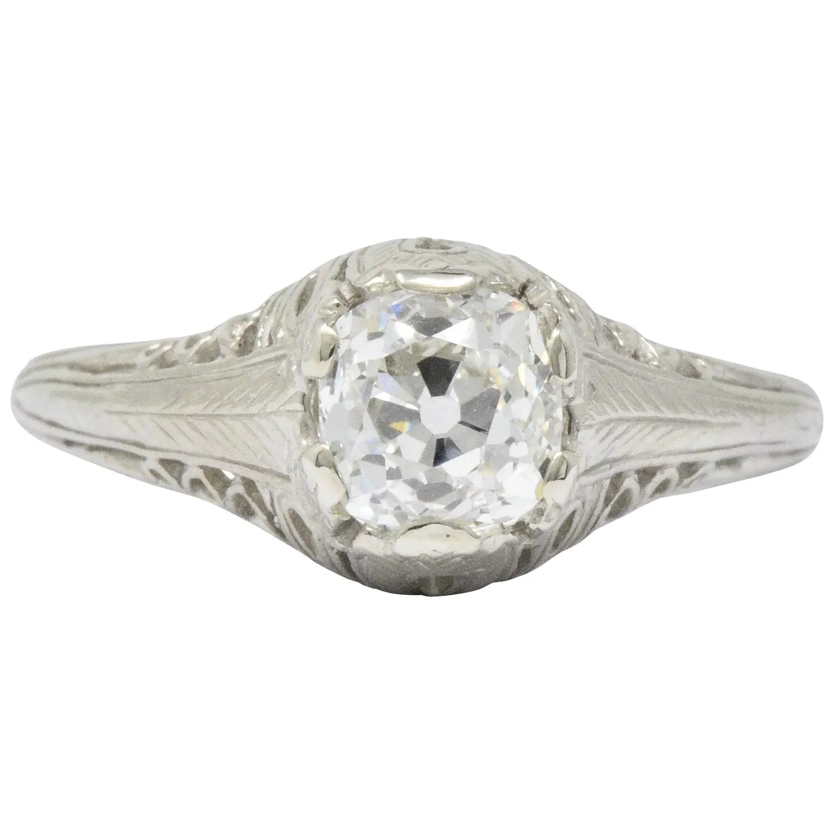 Art Deco 0.92 CTW Old Mine Diamond 18 Karat White Gold Foliate Engagement Ring GIA