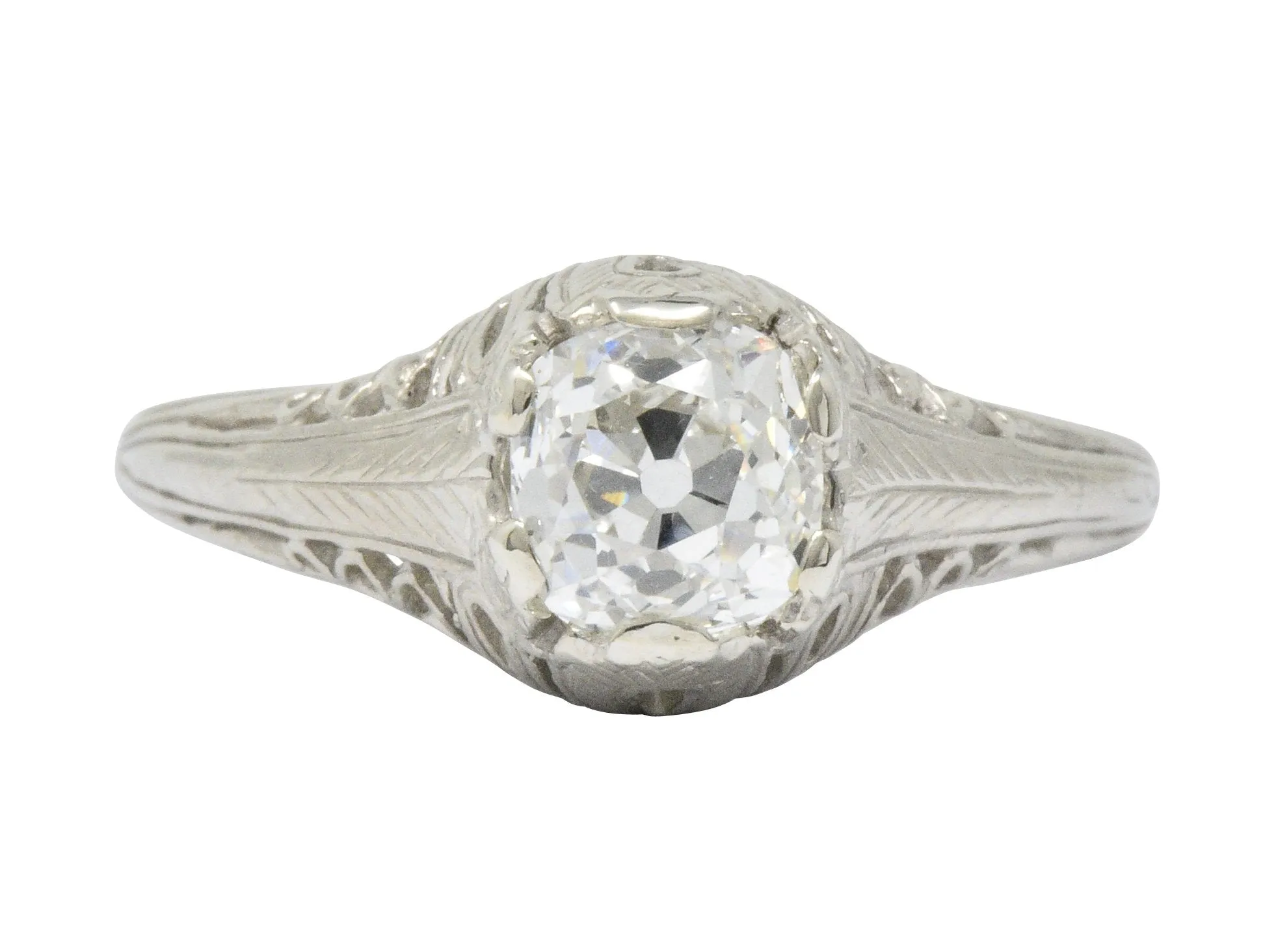 Art Deco 0.92 CTW Old Mine Diamond 18 Karat White Gold Foliate Engagement Ring GIA