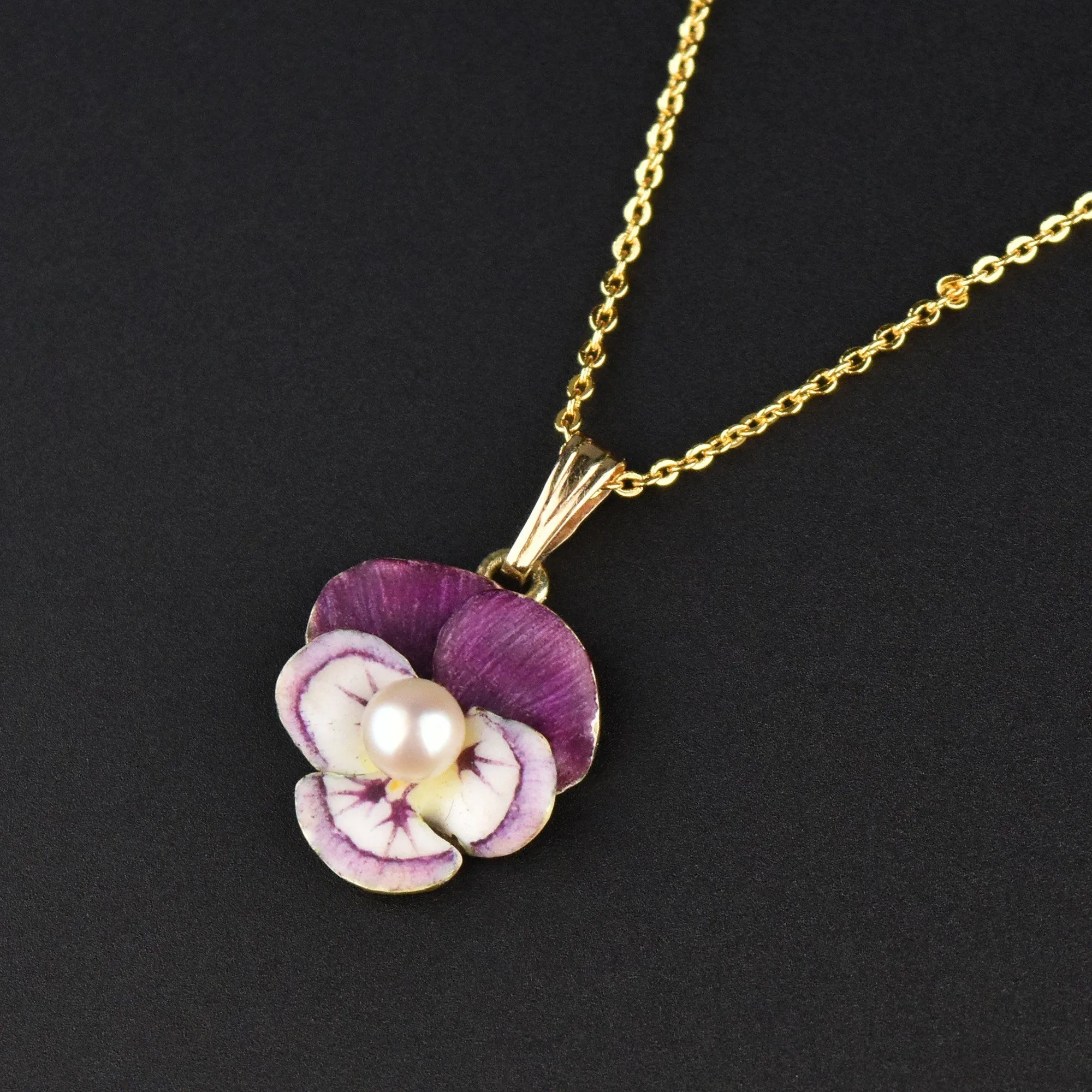 Art Nouveau 14K Gold Purple Enamel Pansy Flower Pendant